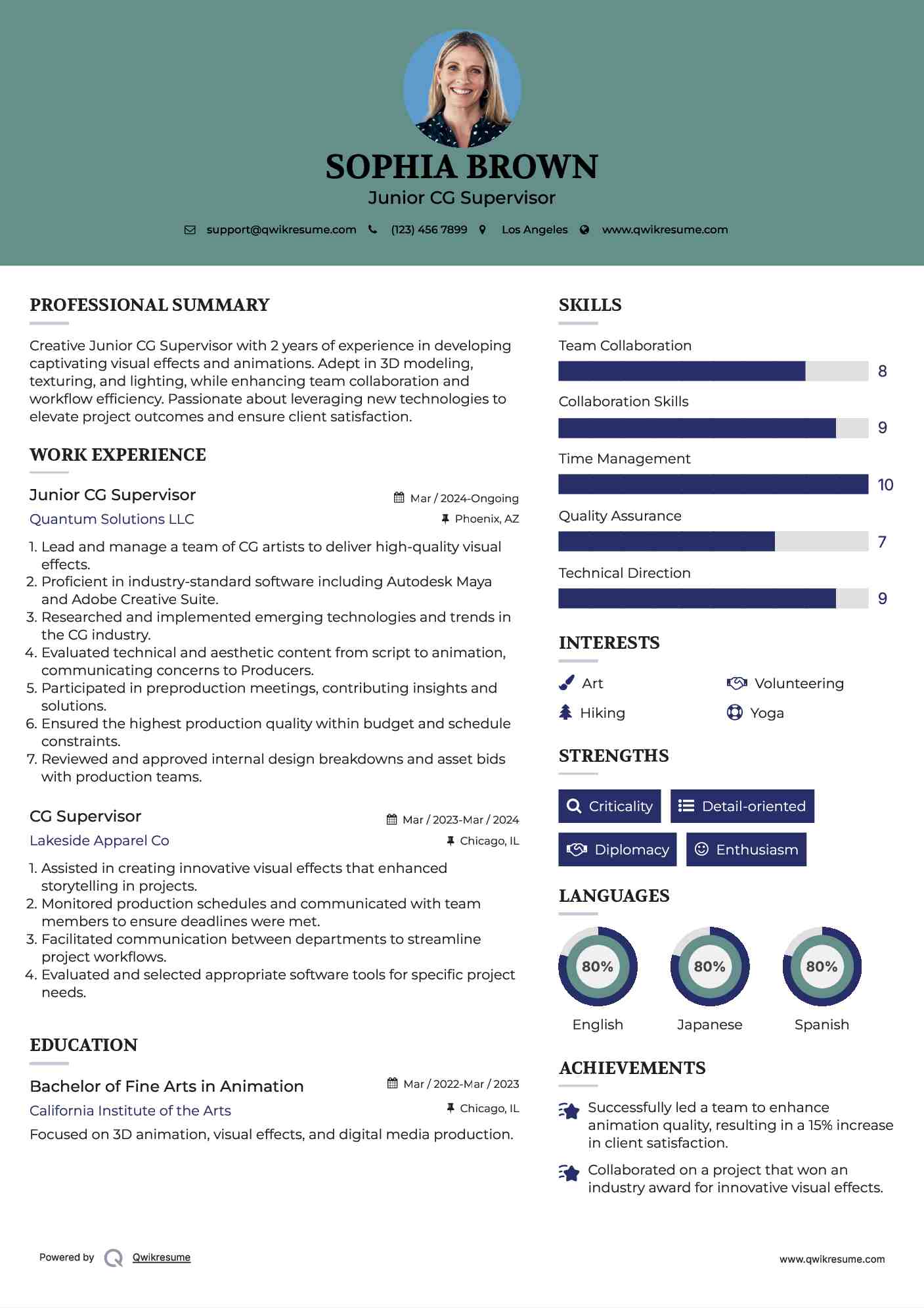 Junior CG Supervisor Resume Example