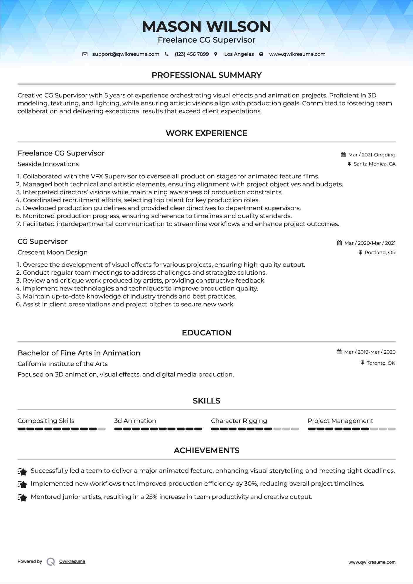 Freelance CG Supervisor Resume Format