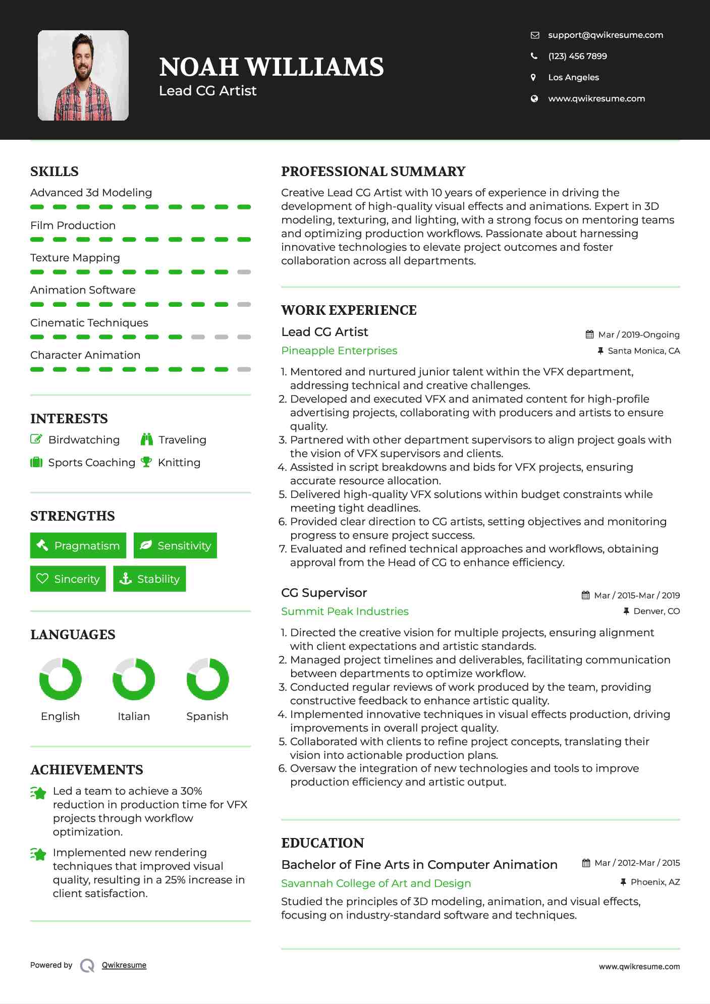 Lead CG Artist Resume Model