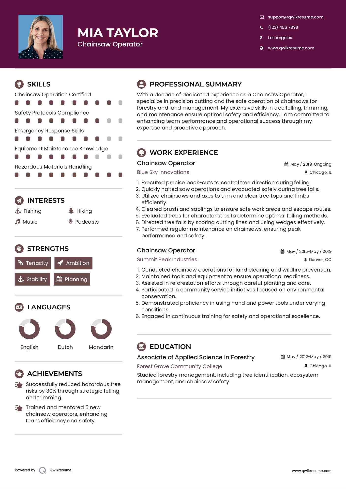 Chainsaw Operator Resume Samples QwikResume