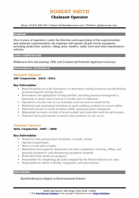 Chainsaw Operator Resume Samples QwikResume