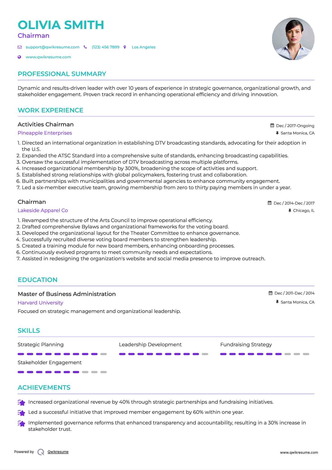 Chairman Resume Samples QwikResume