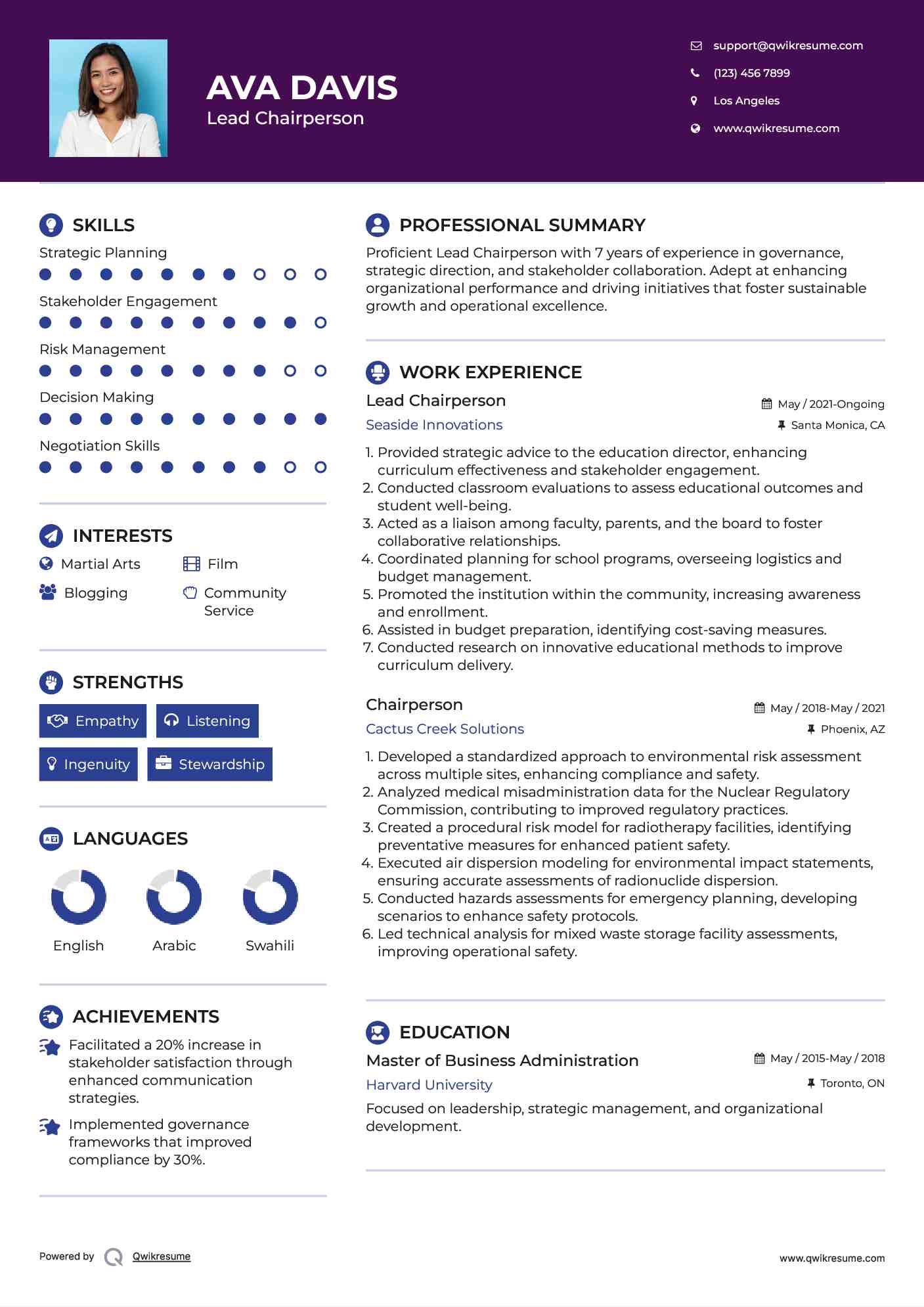 Lead Chairperson Resume Model