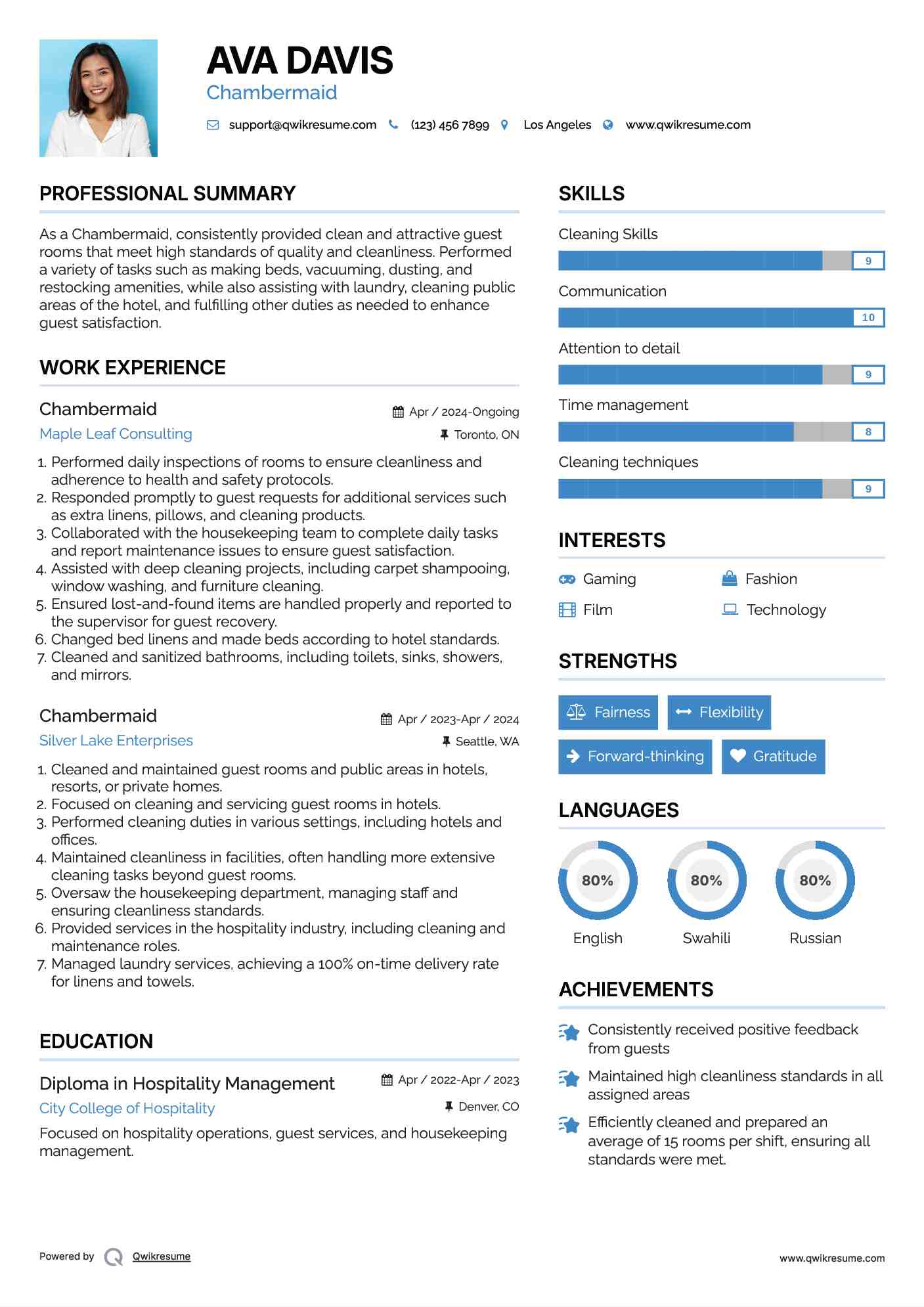 Chambermaid Resume Example