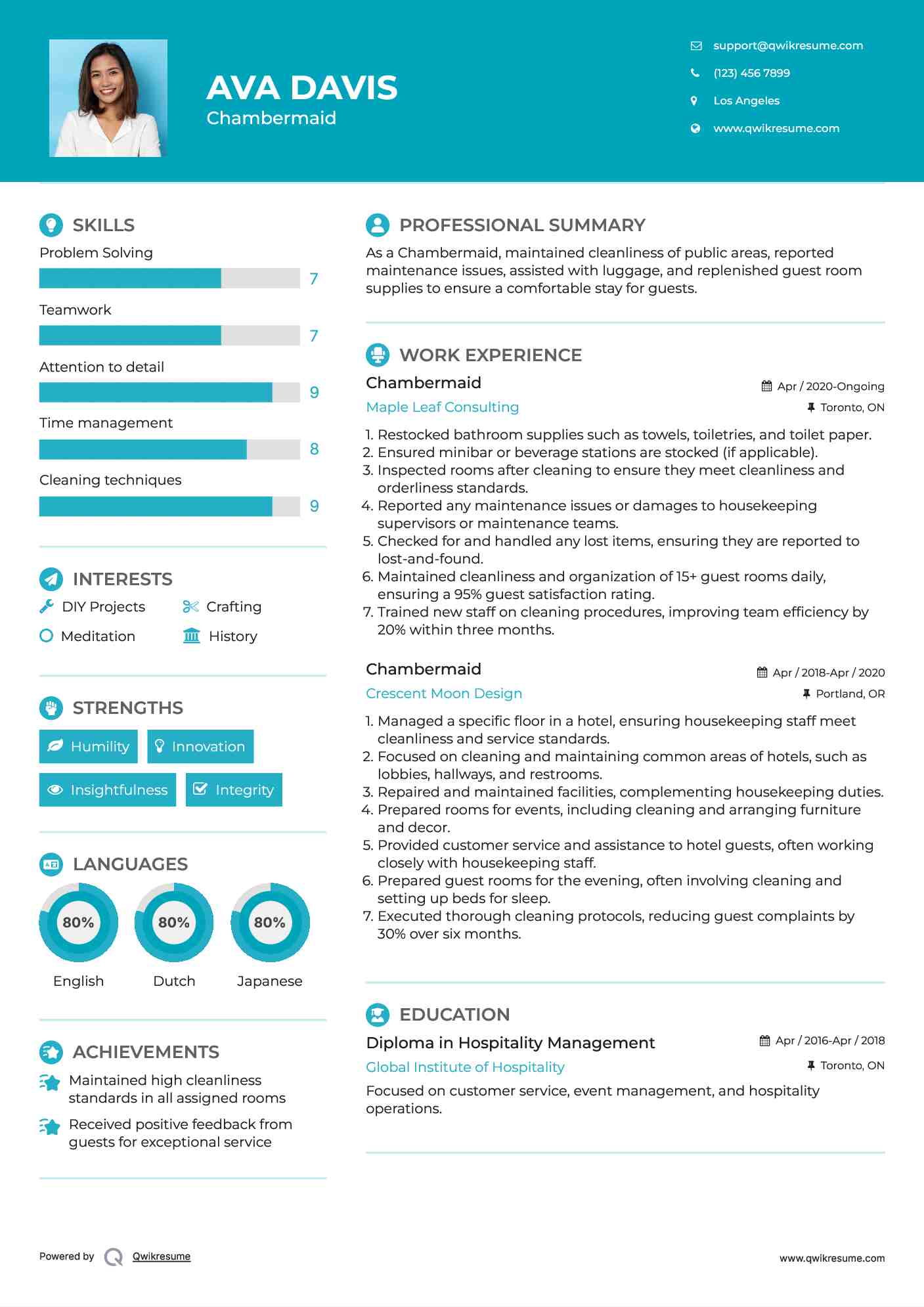 Chambermaid Resume Example