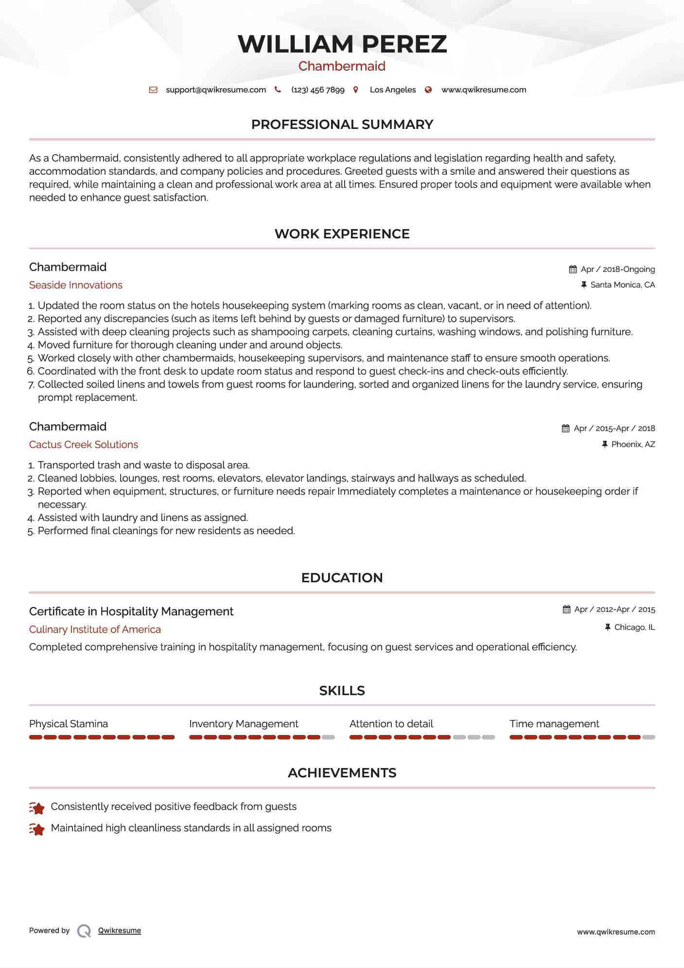 Chambermaid Resume Template