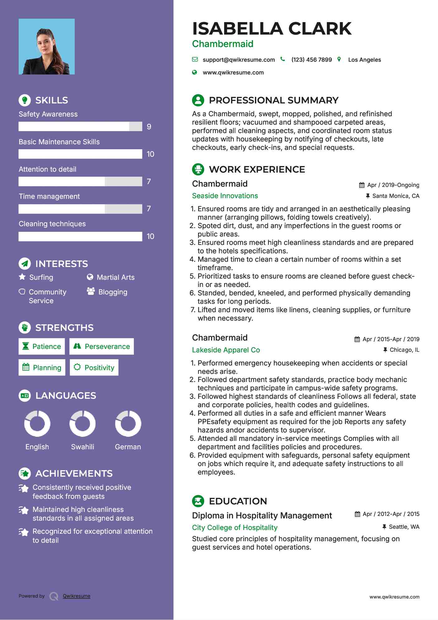 Chambermaid Resume Example