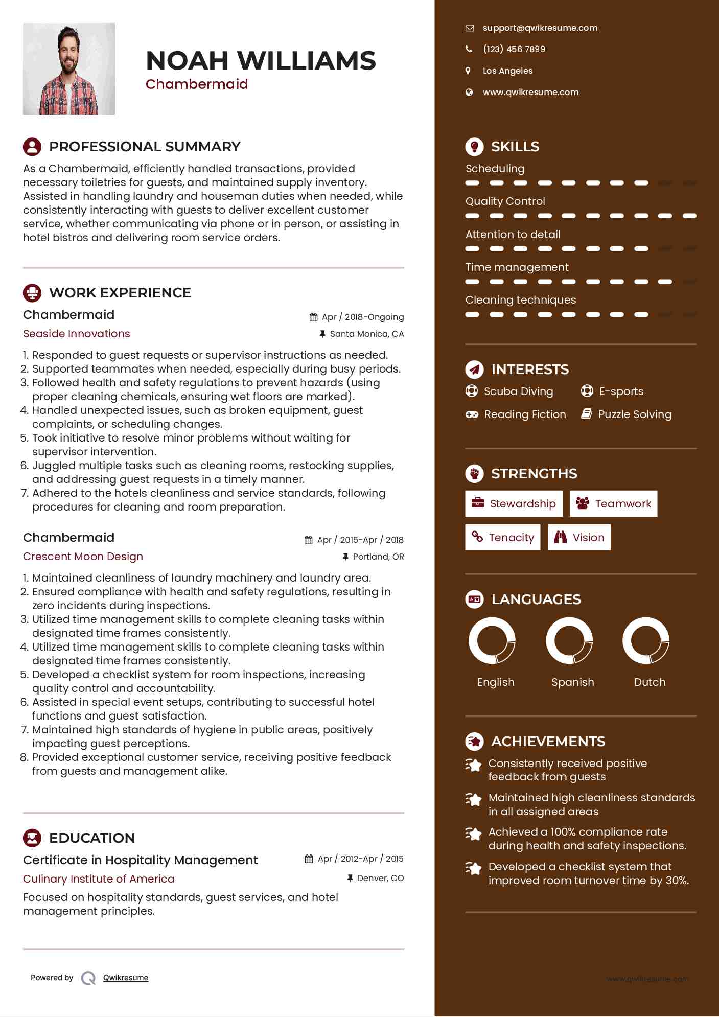 Chambermaid Resume Sample