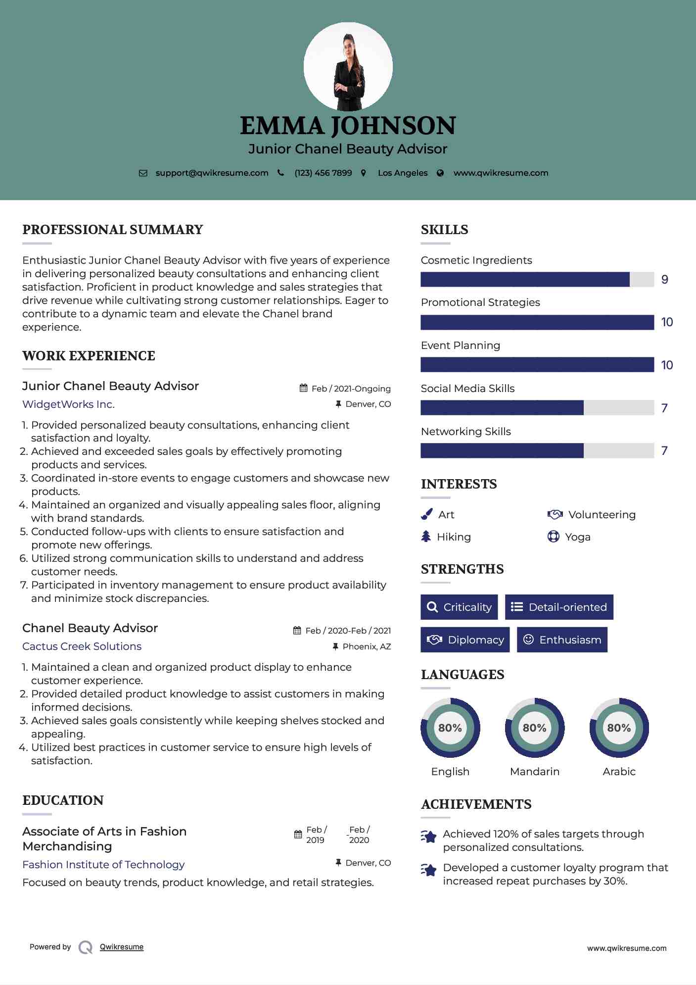 Junior Chanel Beauty Advisor Resume Template
