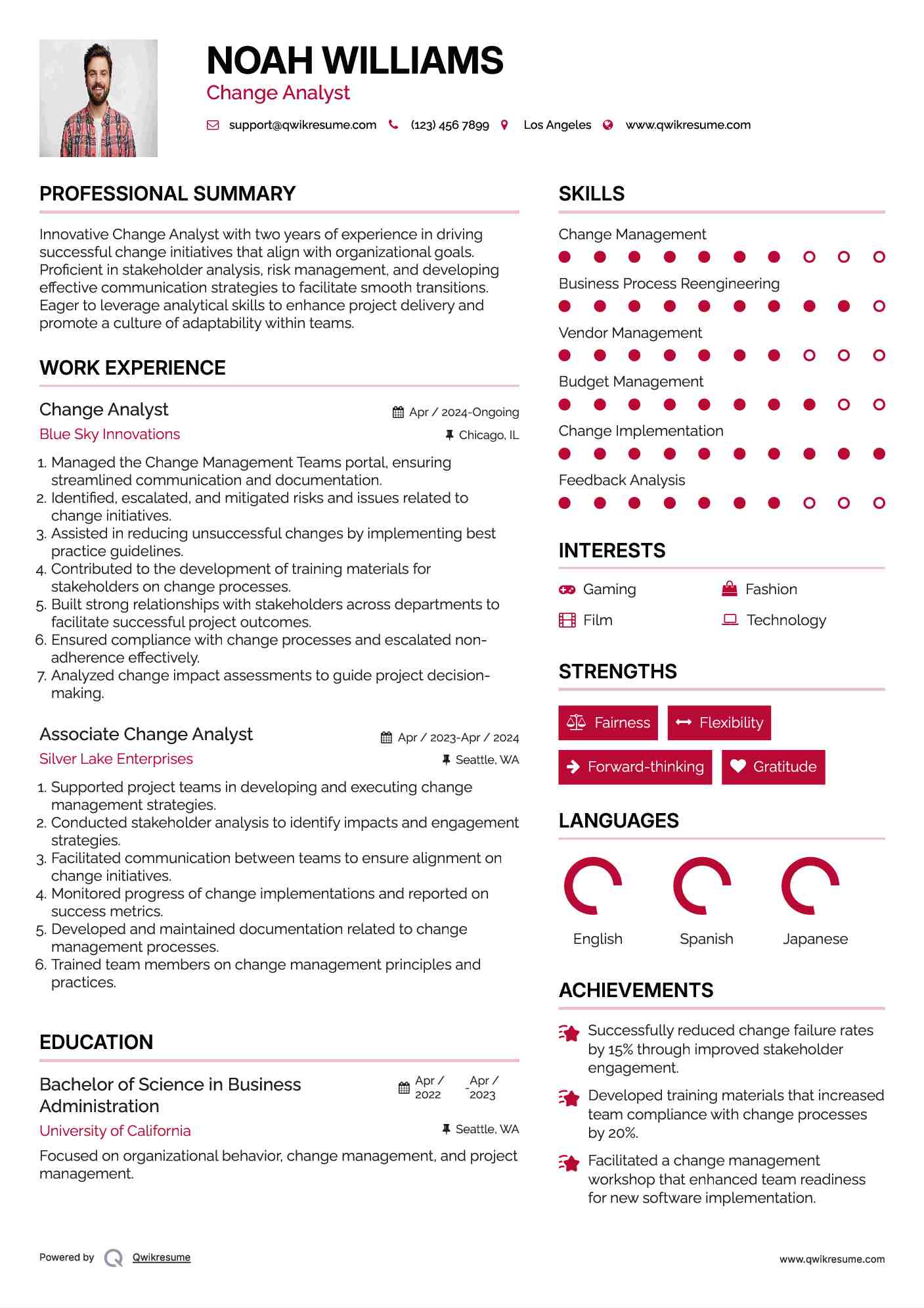 Change Analyst Resume Model