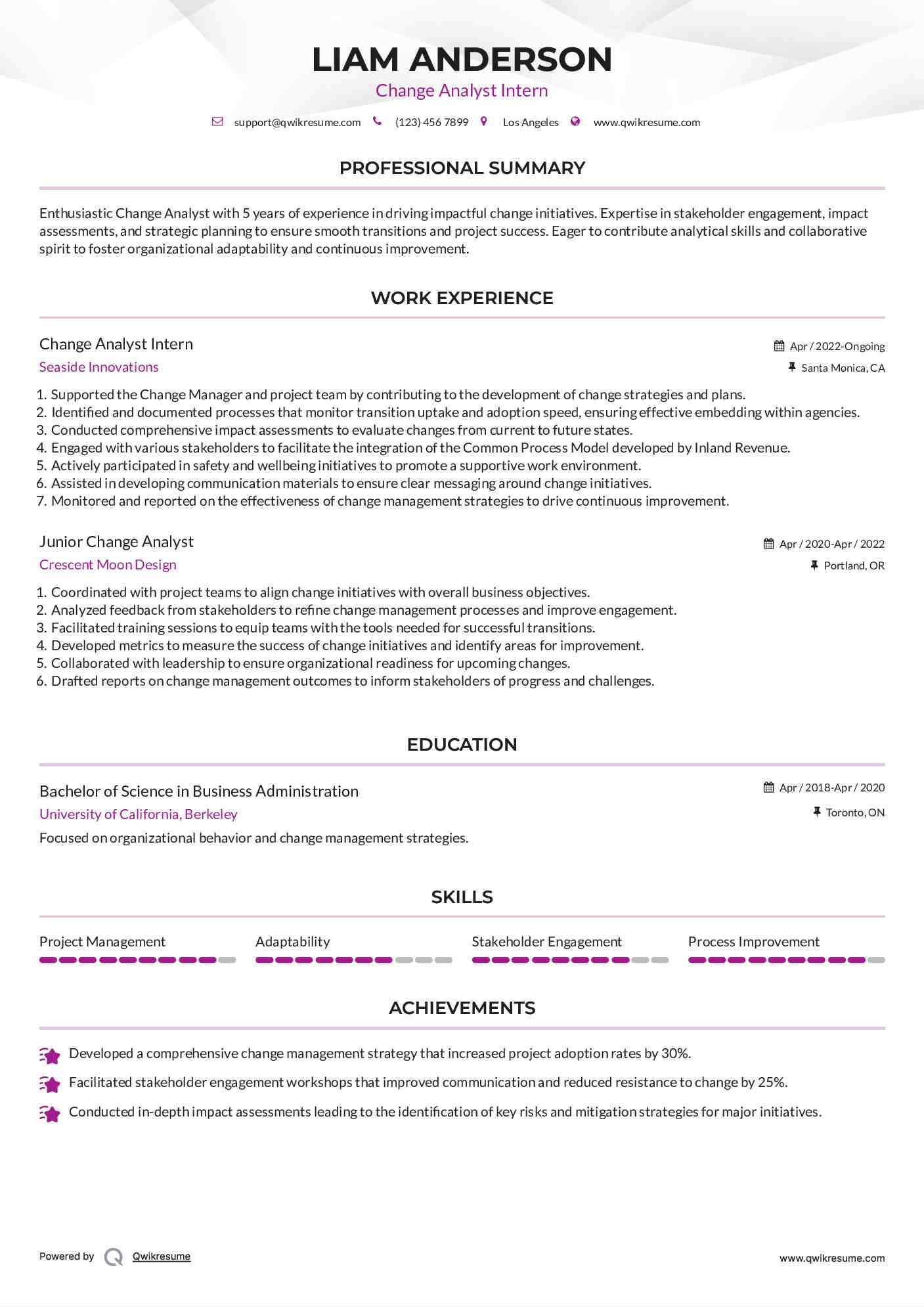 Change Analyst Intern Resume Format