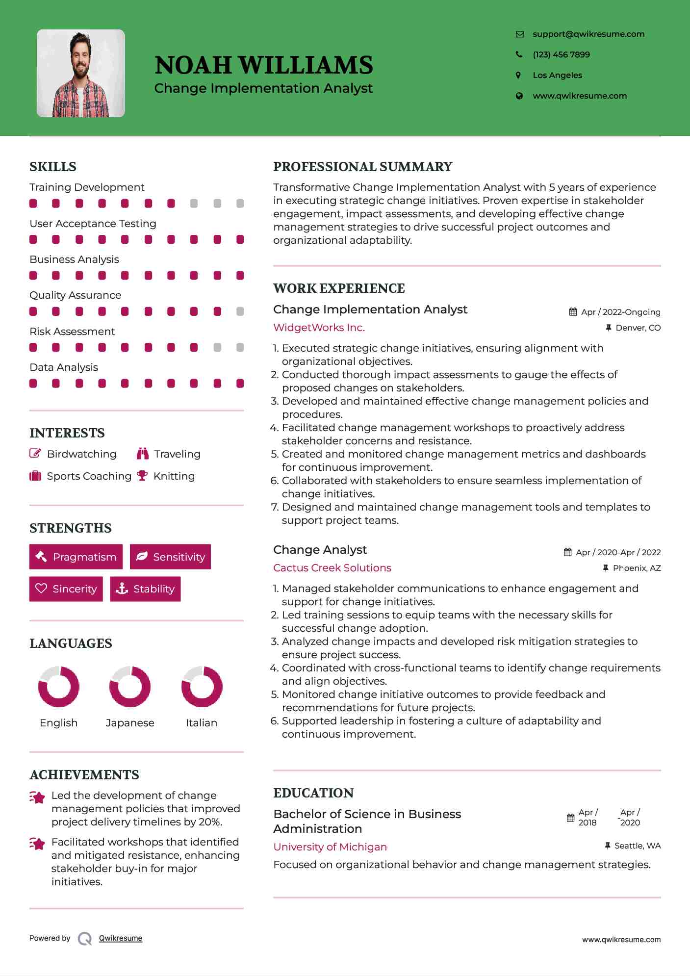 Change Implementation Analyst Resume Example