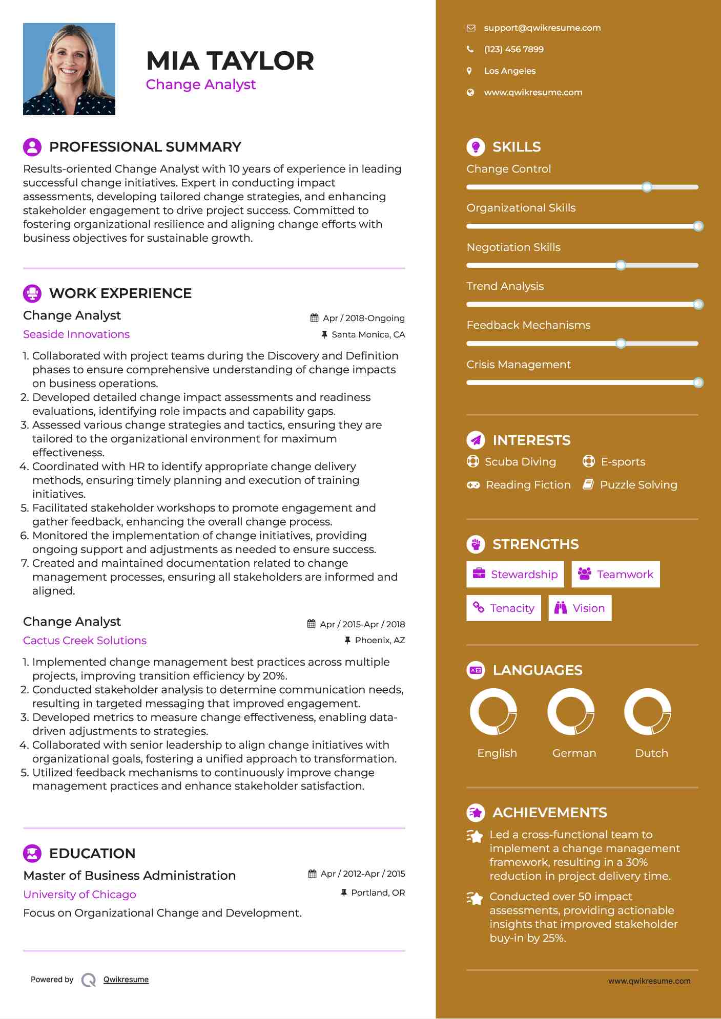 Change Analyst Resume Sample