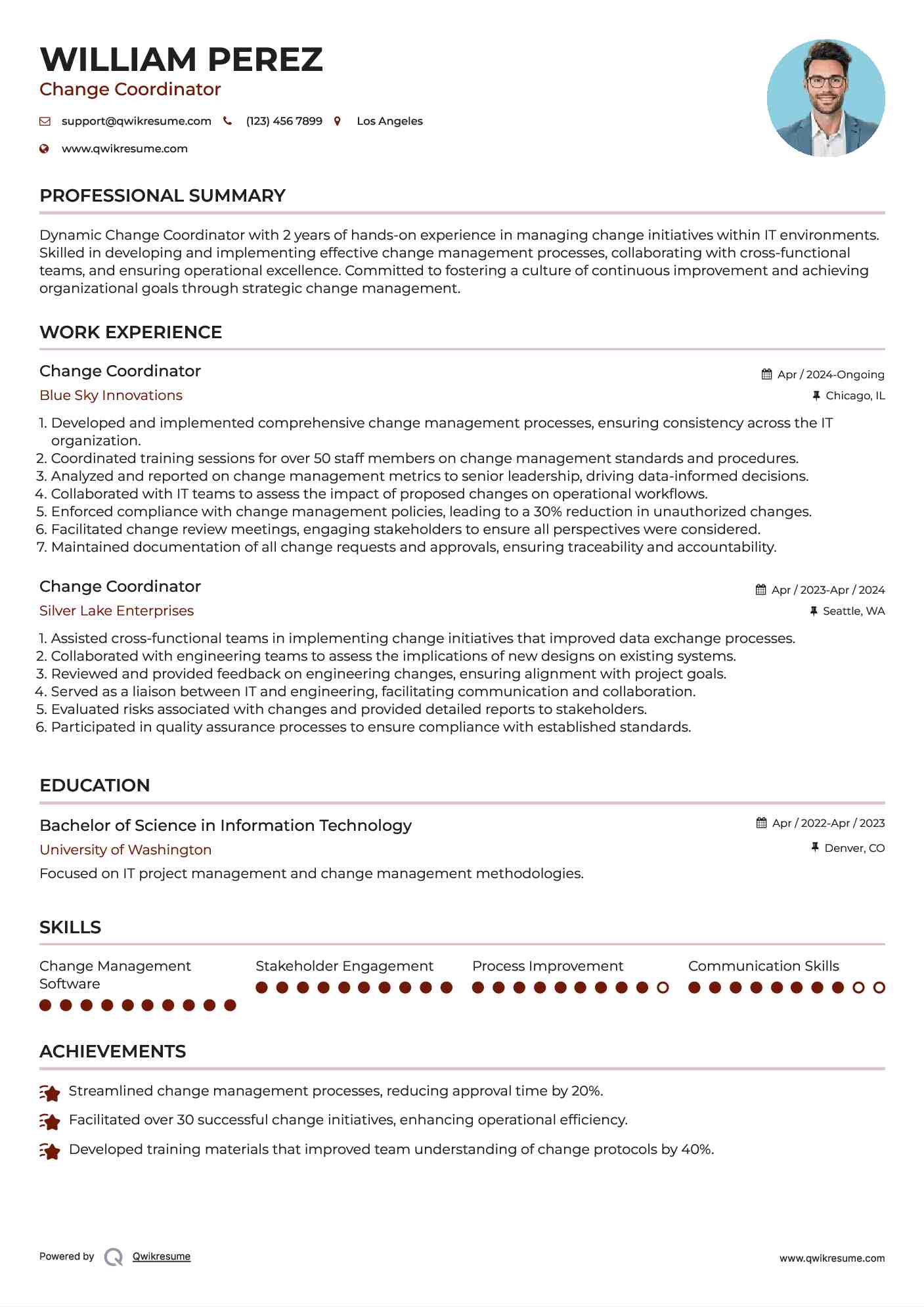 Change Coordinator Resume Example