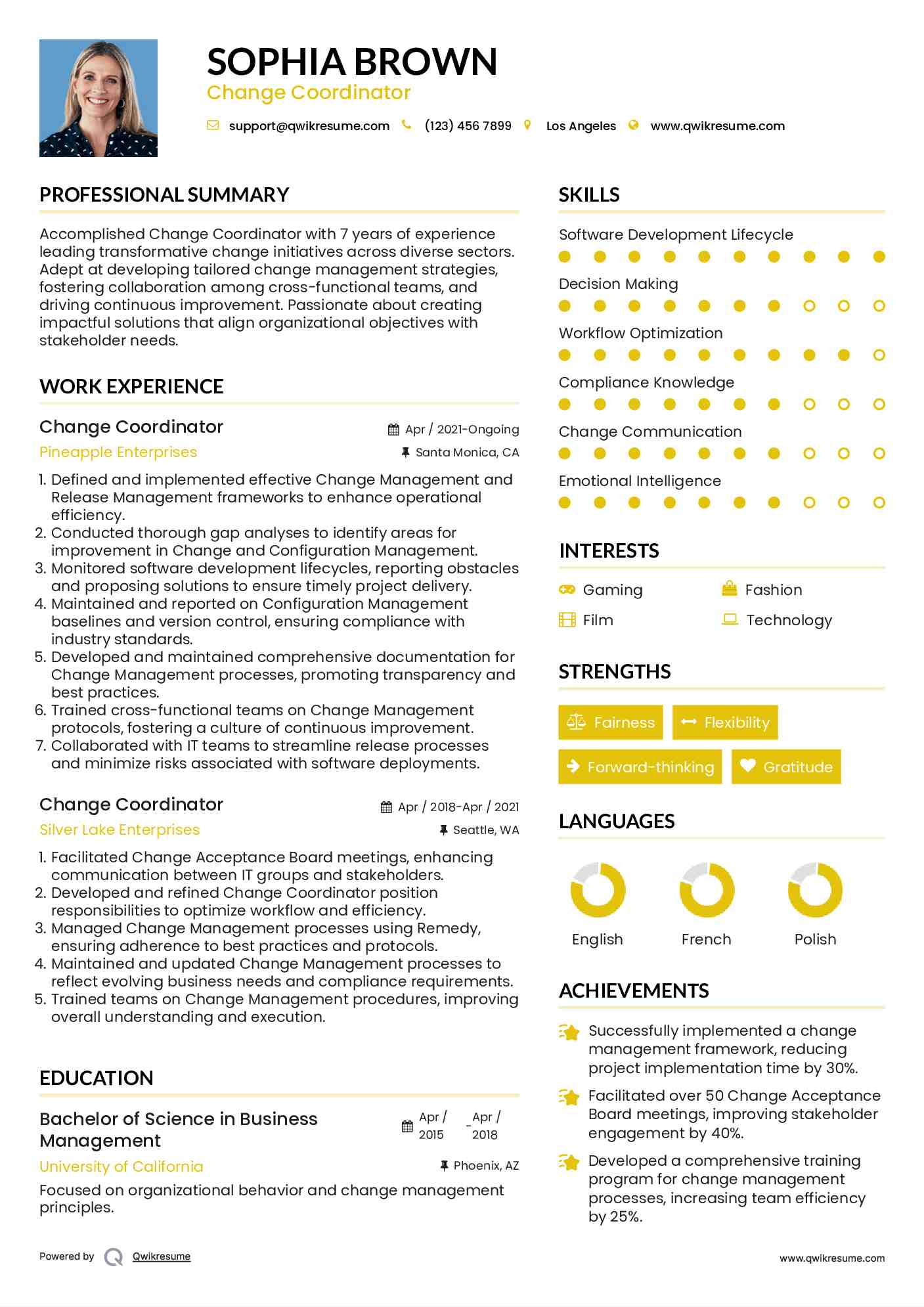 Change Coordinator Resume Sample