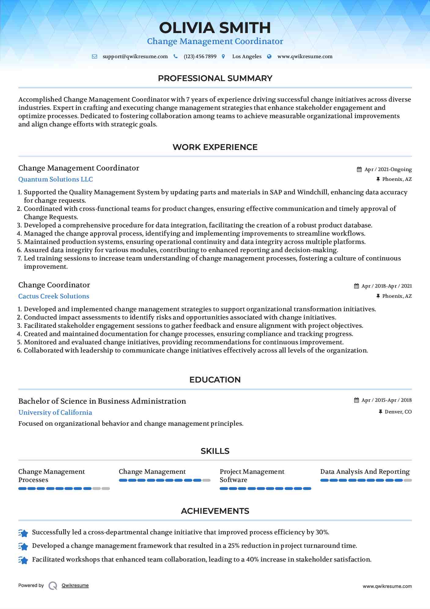 Change Management Coordinator Resume Example