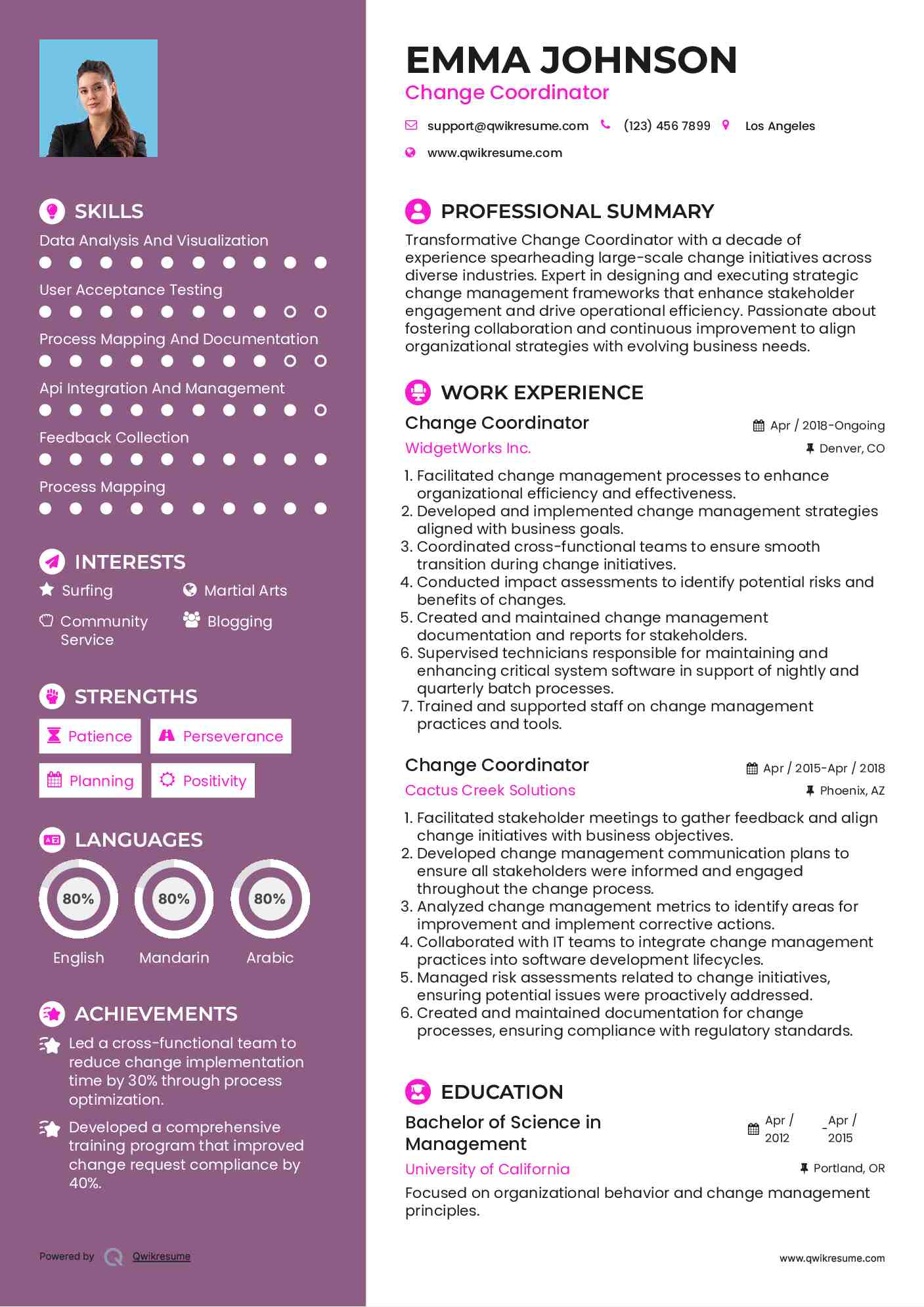 Change Coordinator Resume Sample