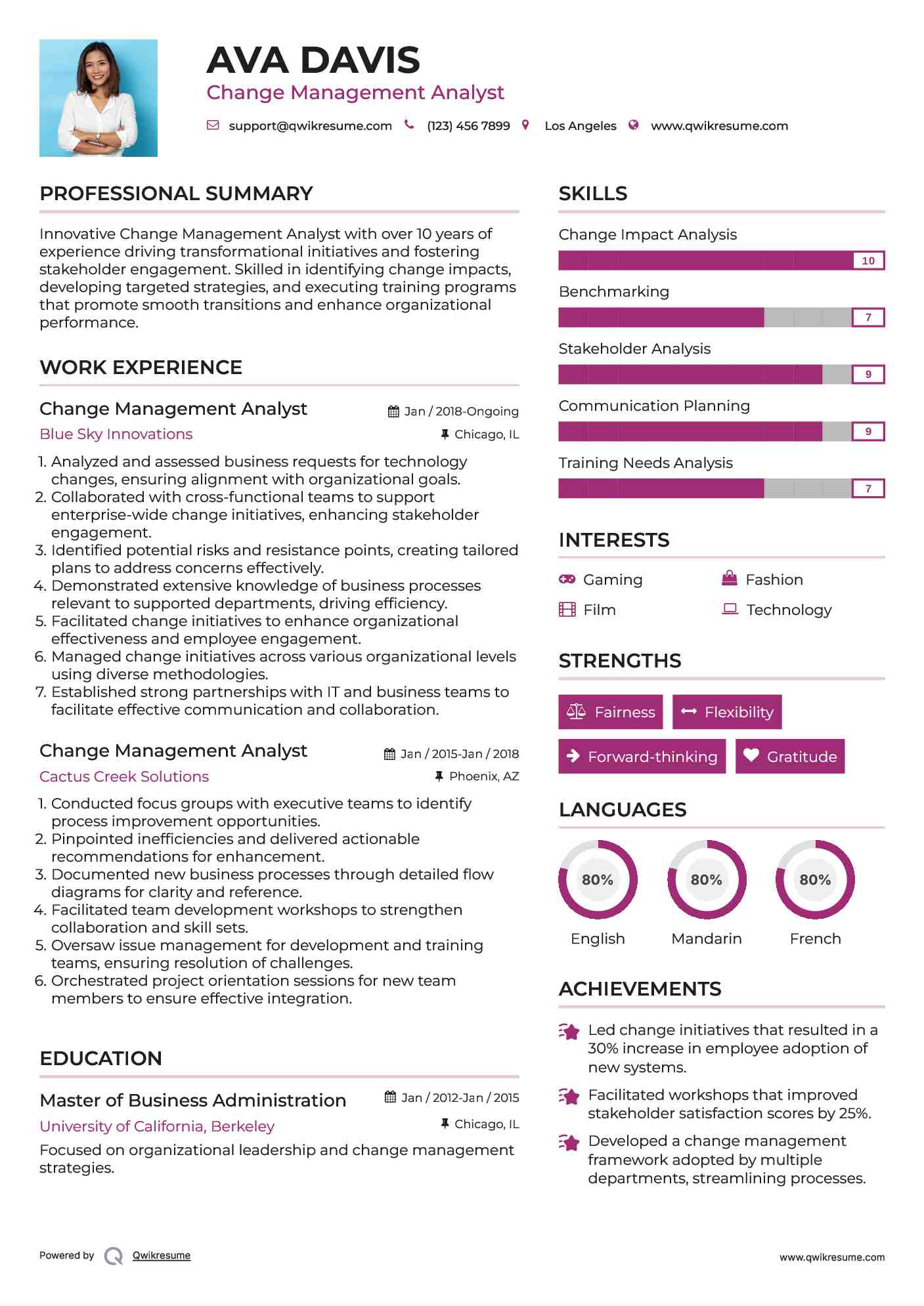 Change Management Analyst Resume Model