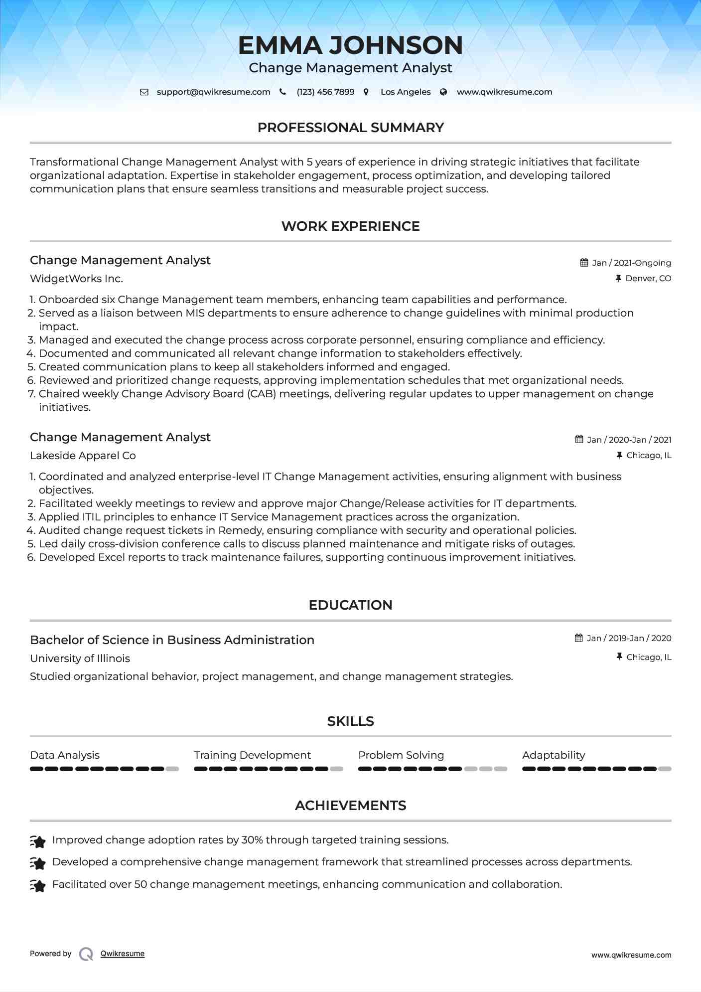 Change Management Analyst Resume Model