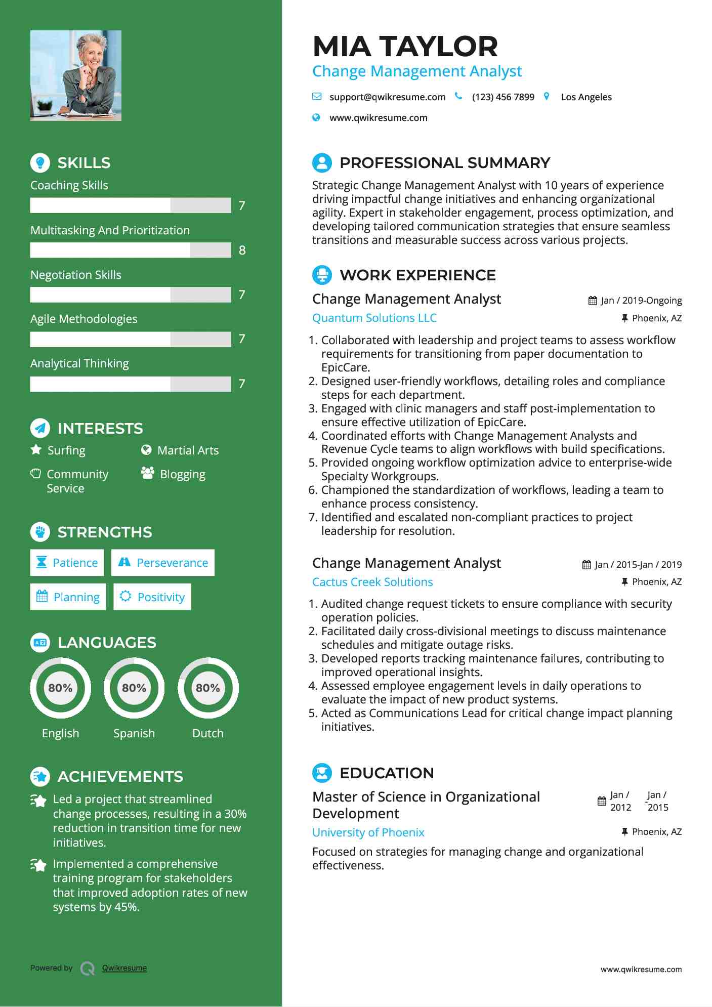 Change Management Analyst Resume Model