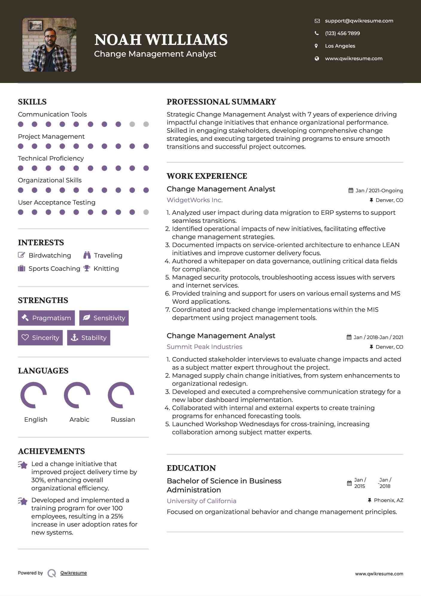 Change Management Analyst Resume Example