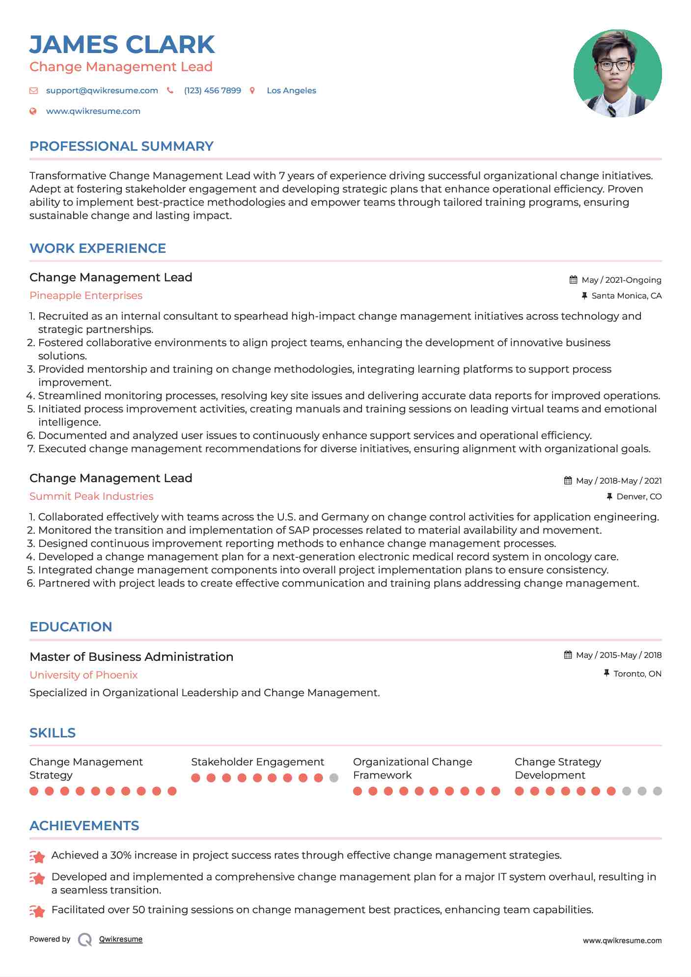 Change Management Lead Resume Sample