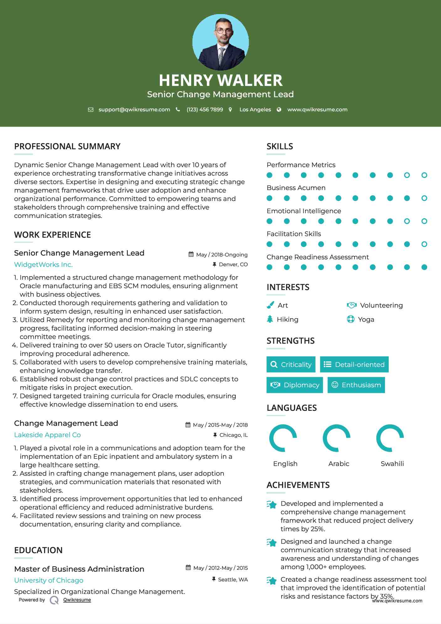 Senior Change Management Lead Resume Template