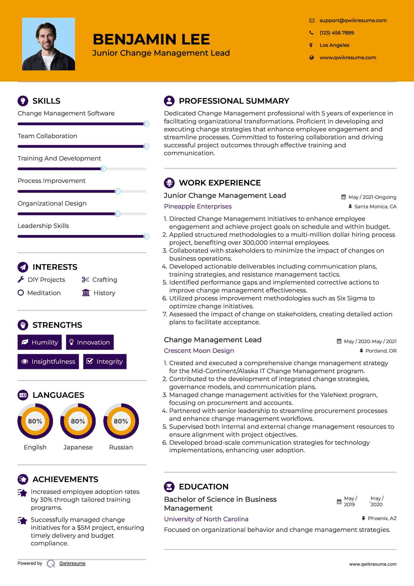 Junior Change Management Lead Resume Template