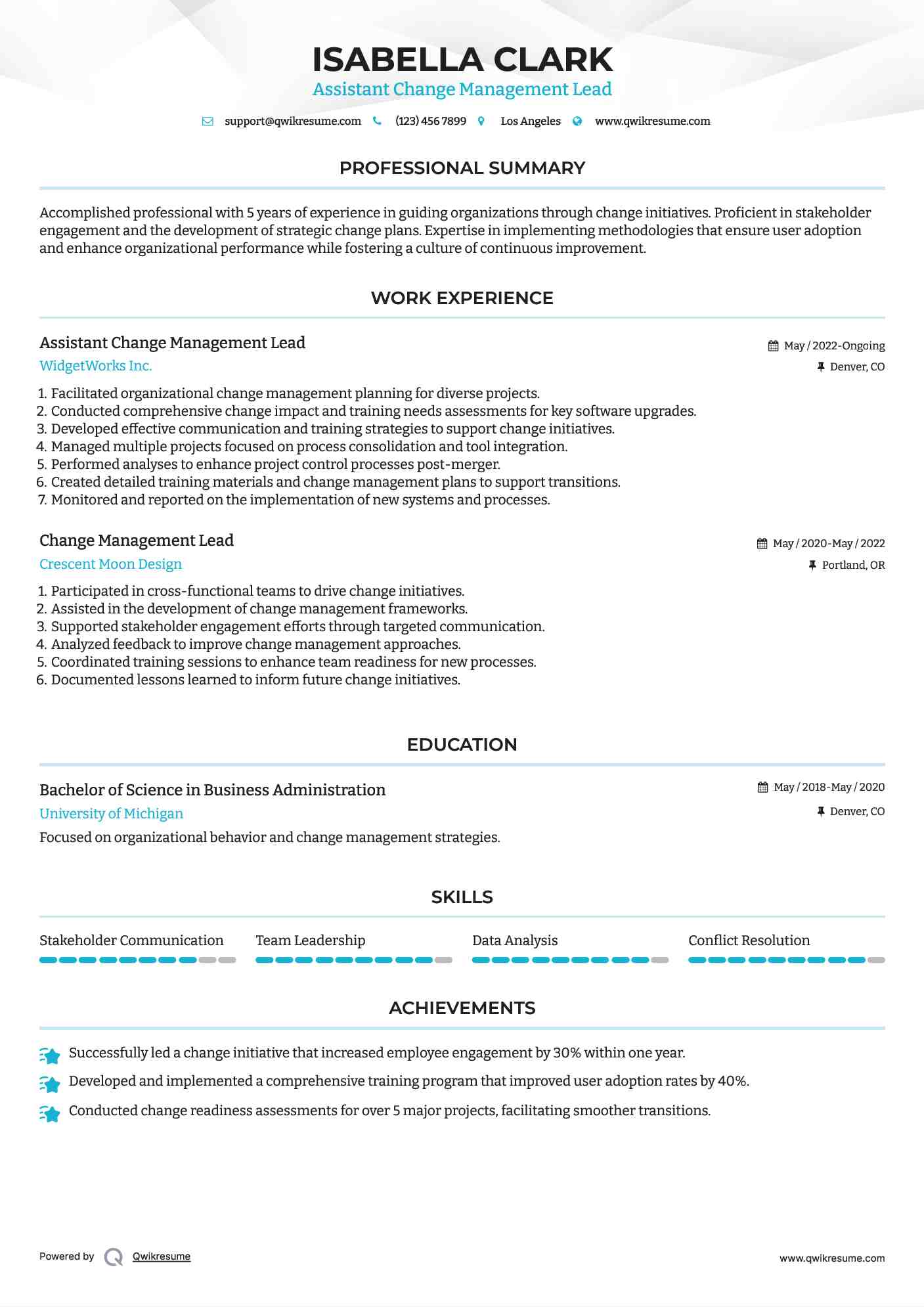 Assistant Change Management Lead Resume Example