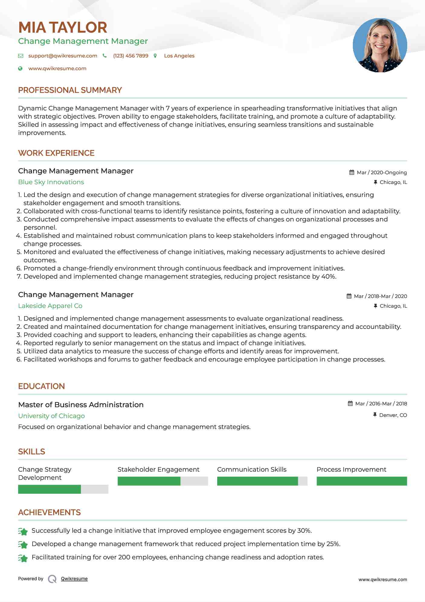 Change Management Manager Resume Template