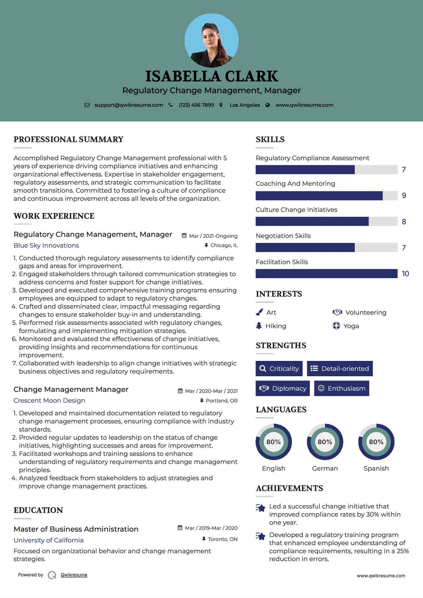 Regulatory Change Management, Manager
 Resume Model
