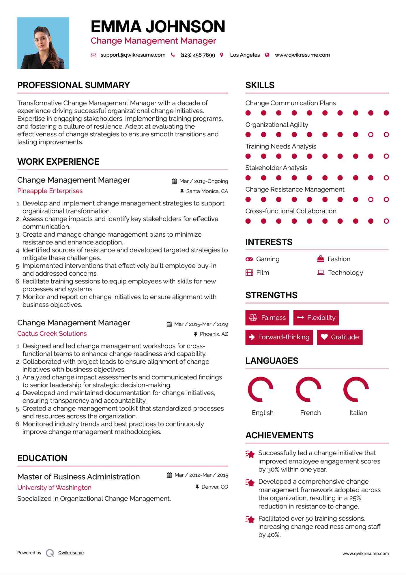 Change Management Manager Resume Format