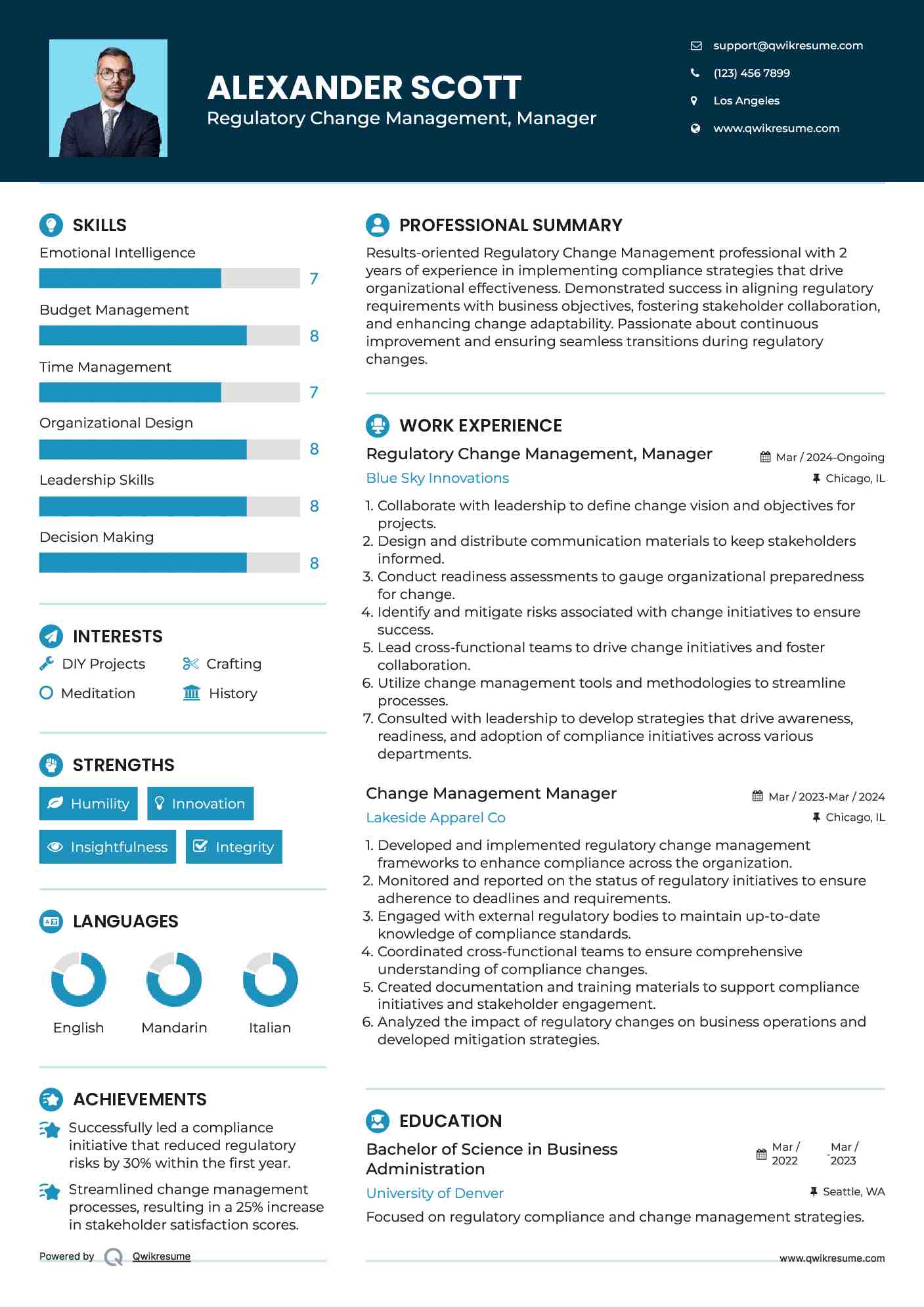 Regulatory Change Management, Manager
 Resume Format