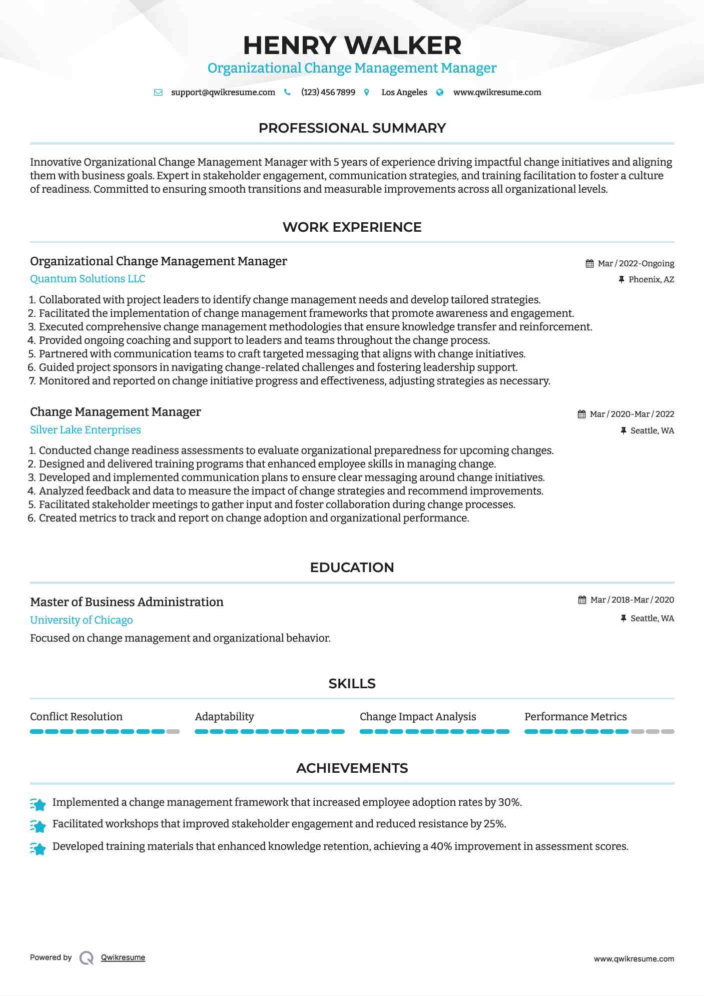 Organizational Change Management Manager
 Resume Sample