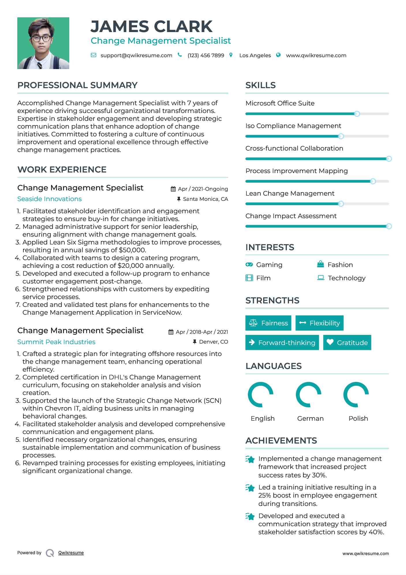 Change Management Specialist Resume Example