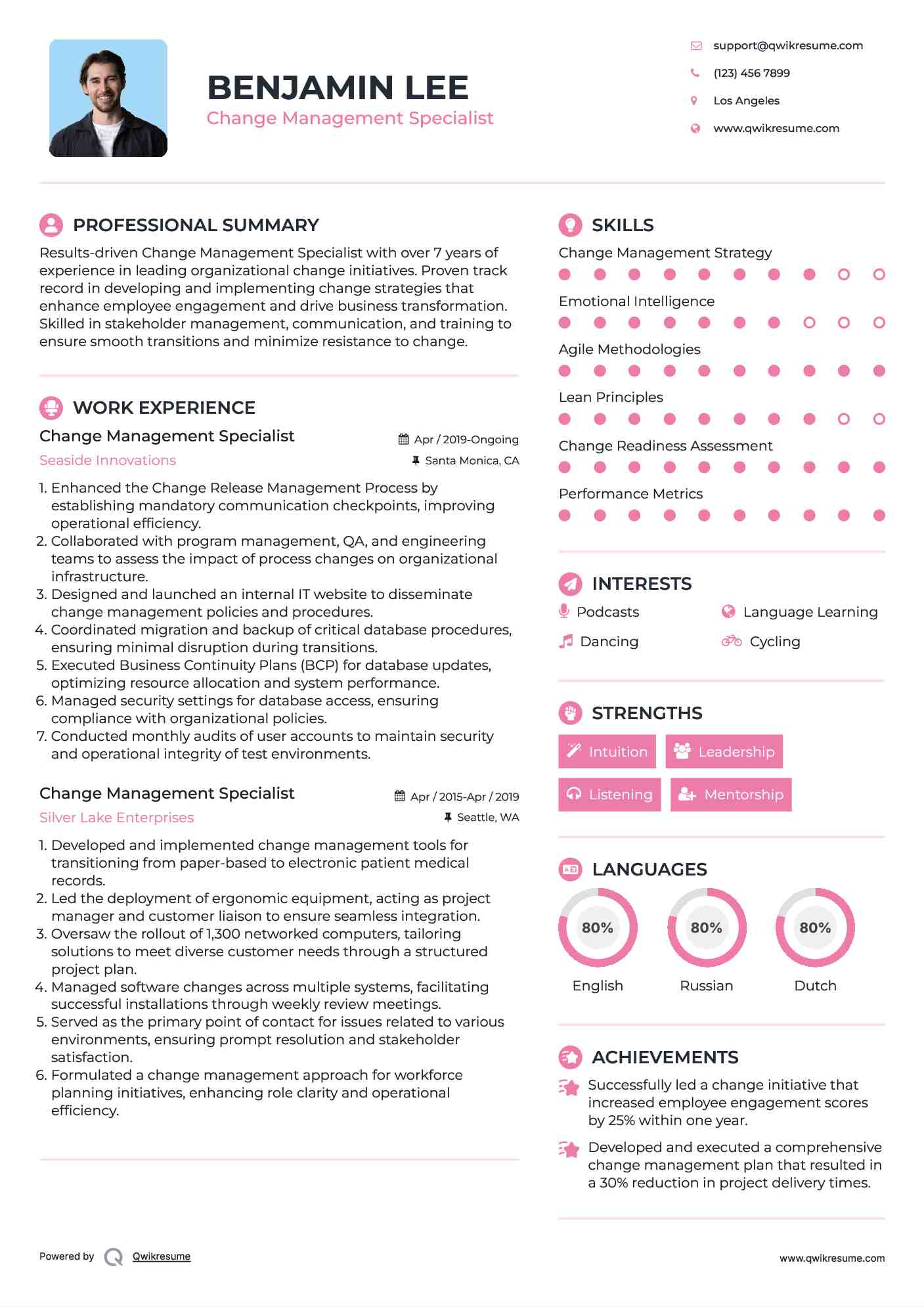 Change Management Specialist Resume Model