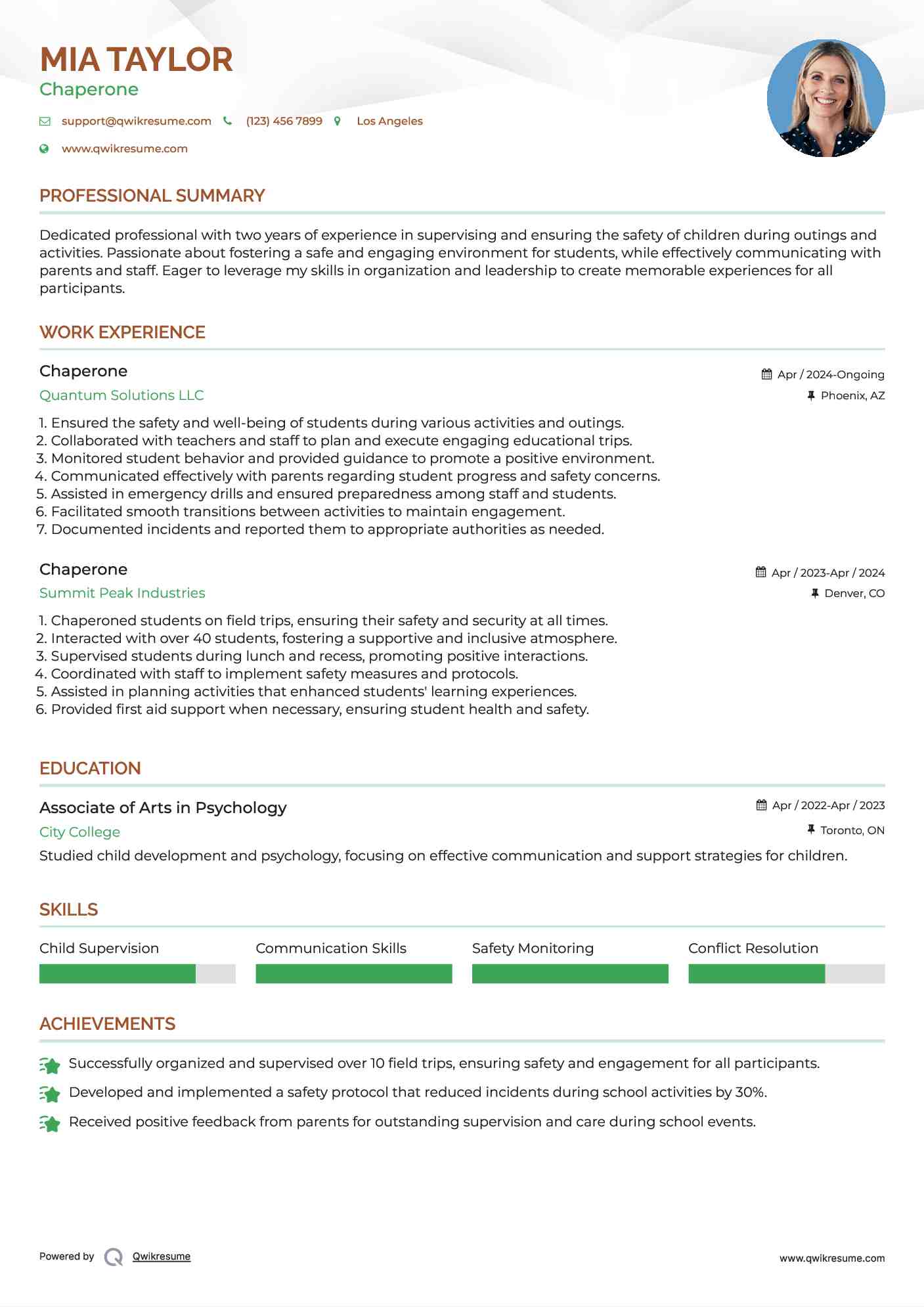 Chaperone Resume Model