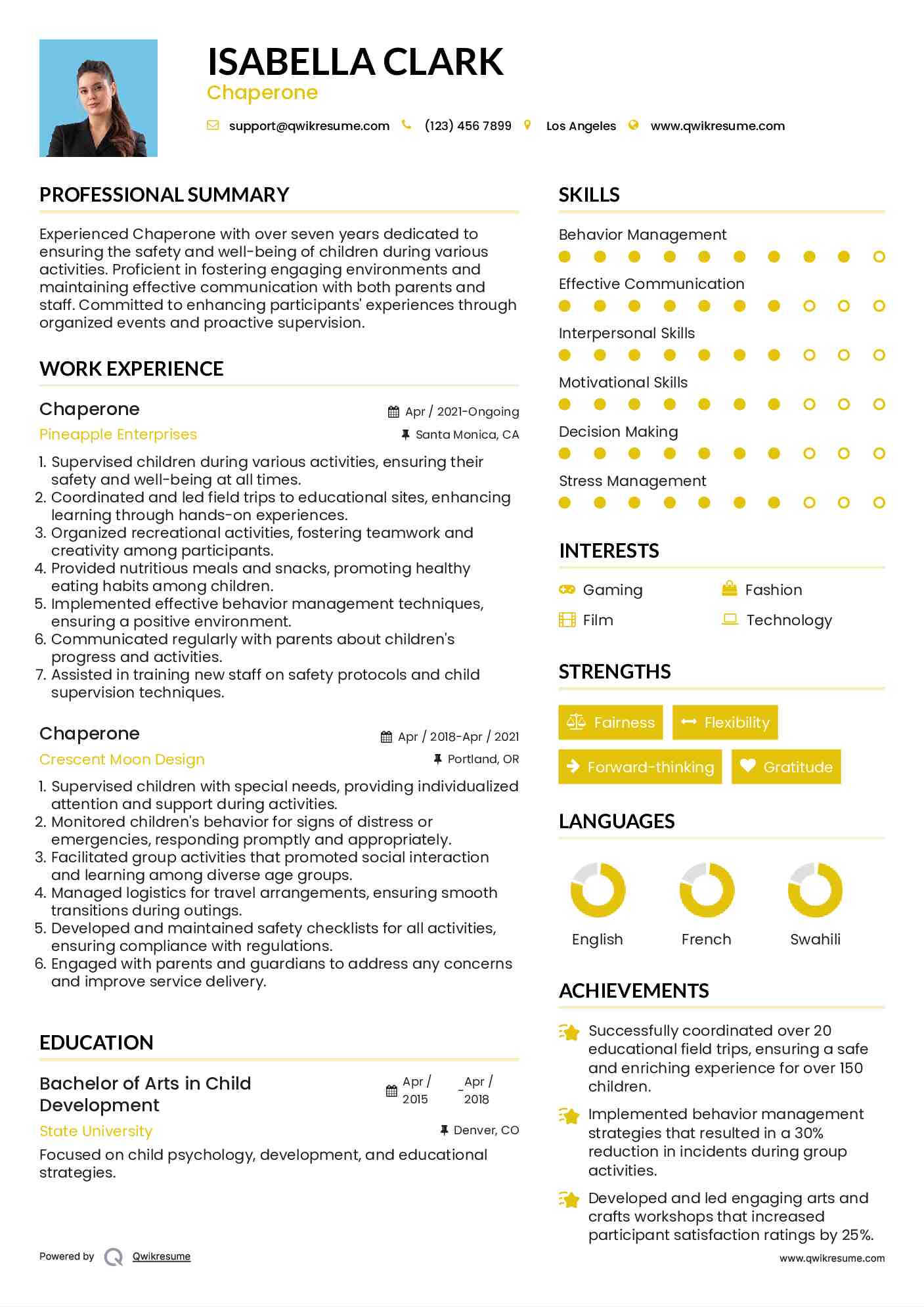 Chaperone Resume Sample