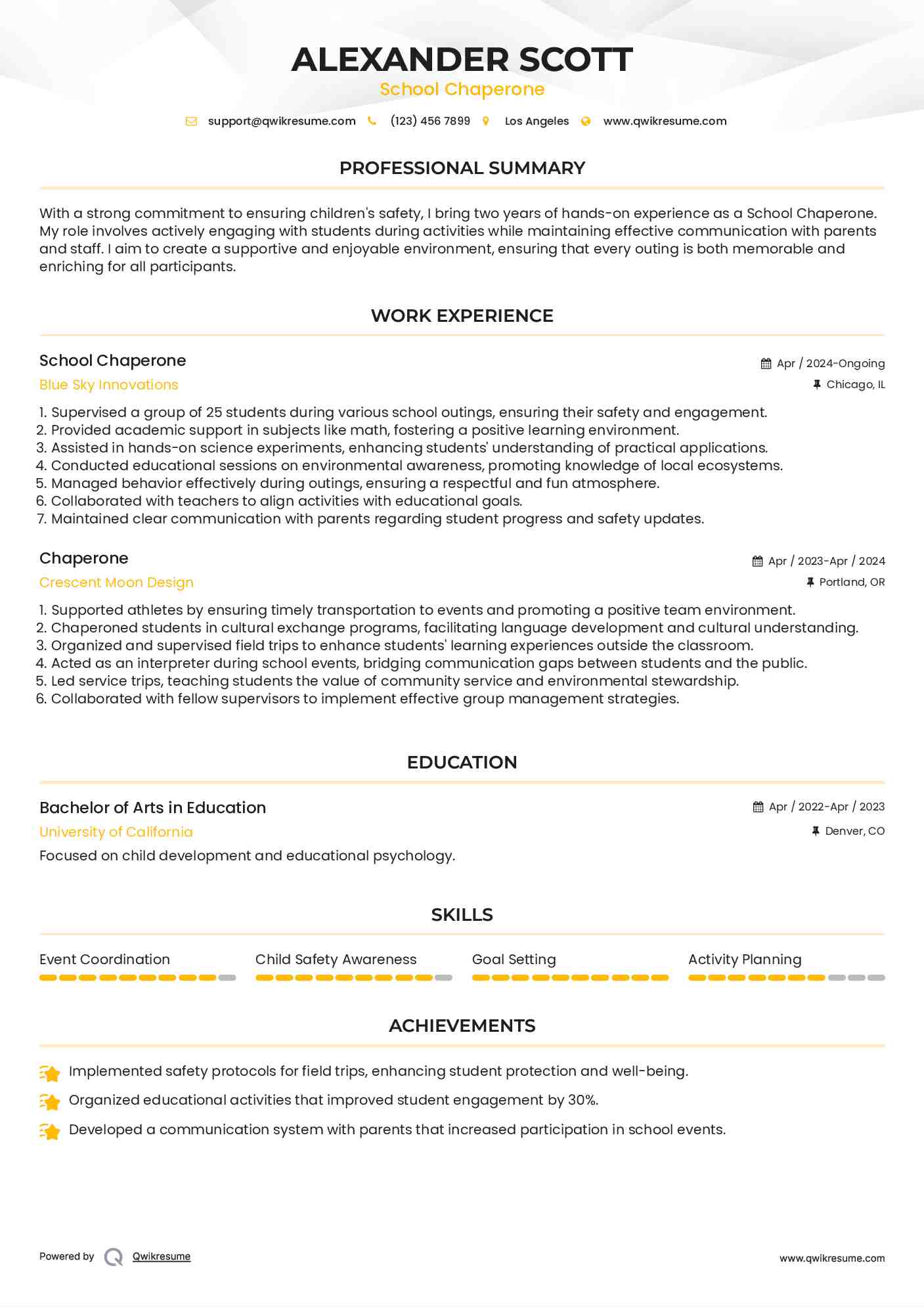 School Chaperone Resume Model