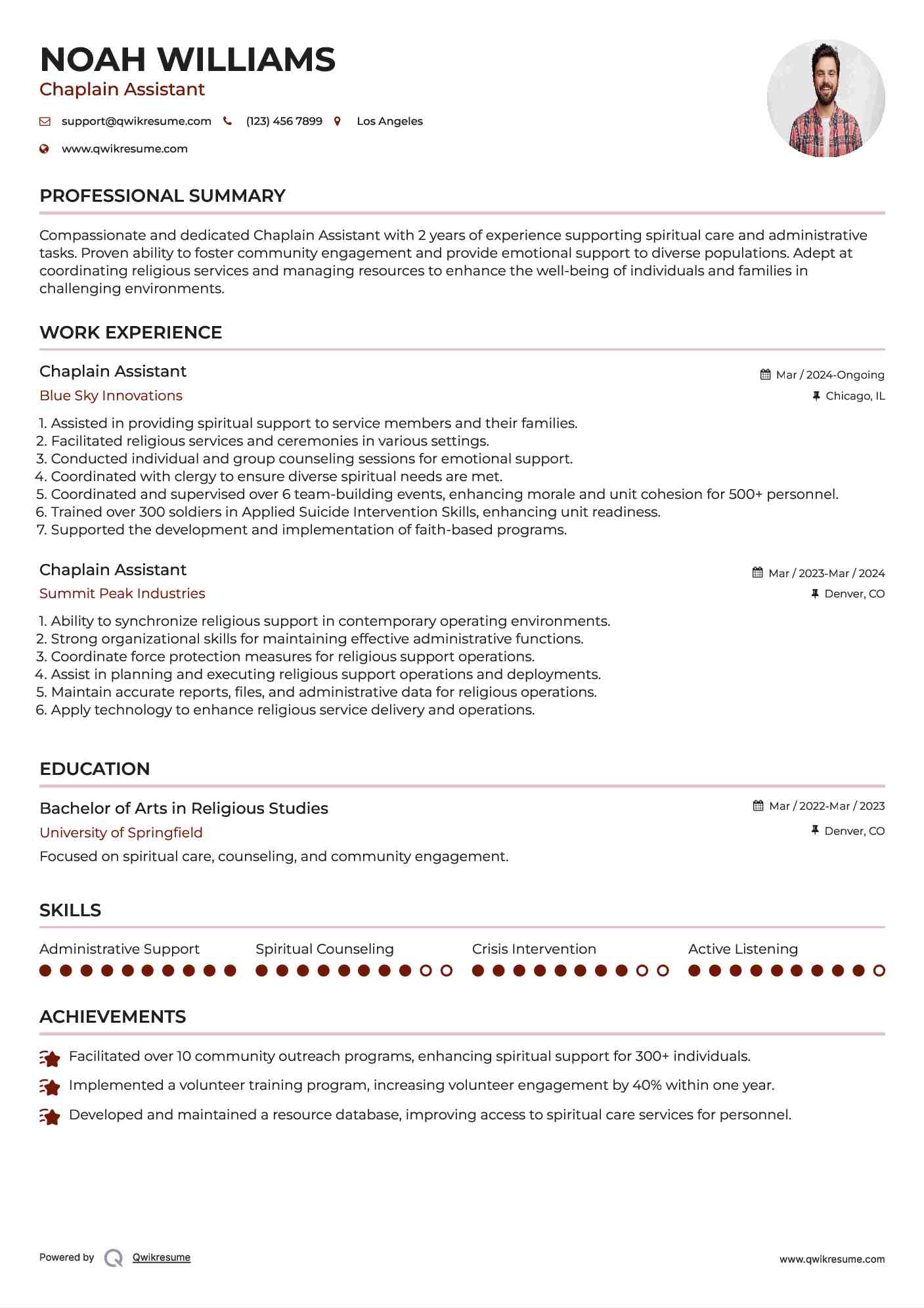 Chaplain Assistant Resume Example