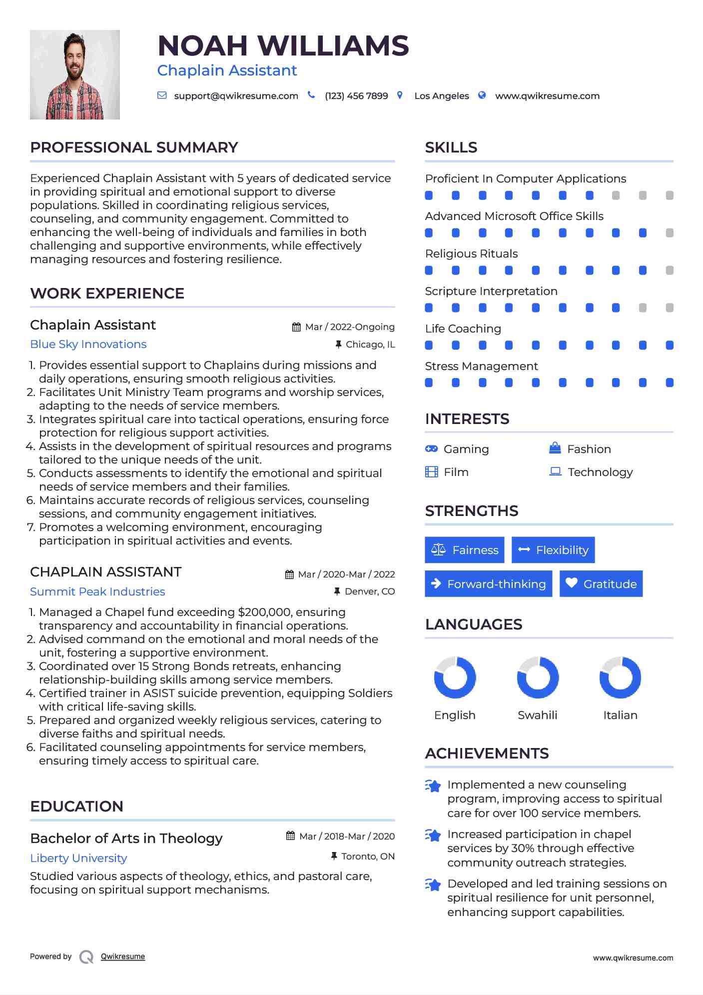 Chaplain Assistant Resume Example
