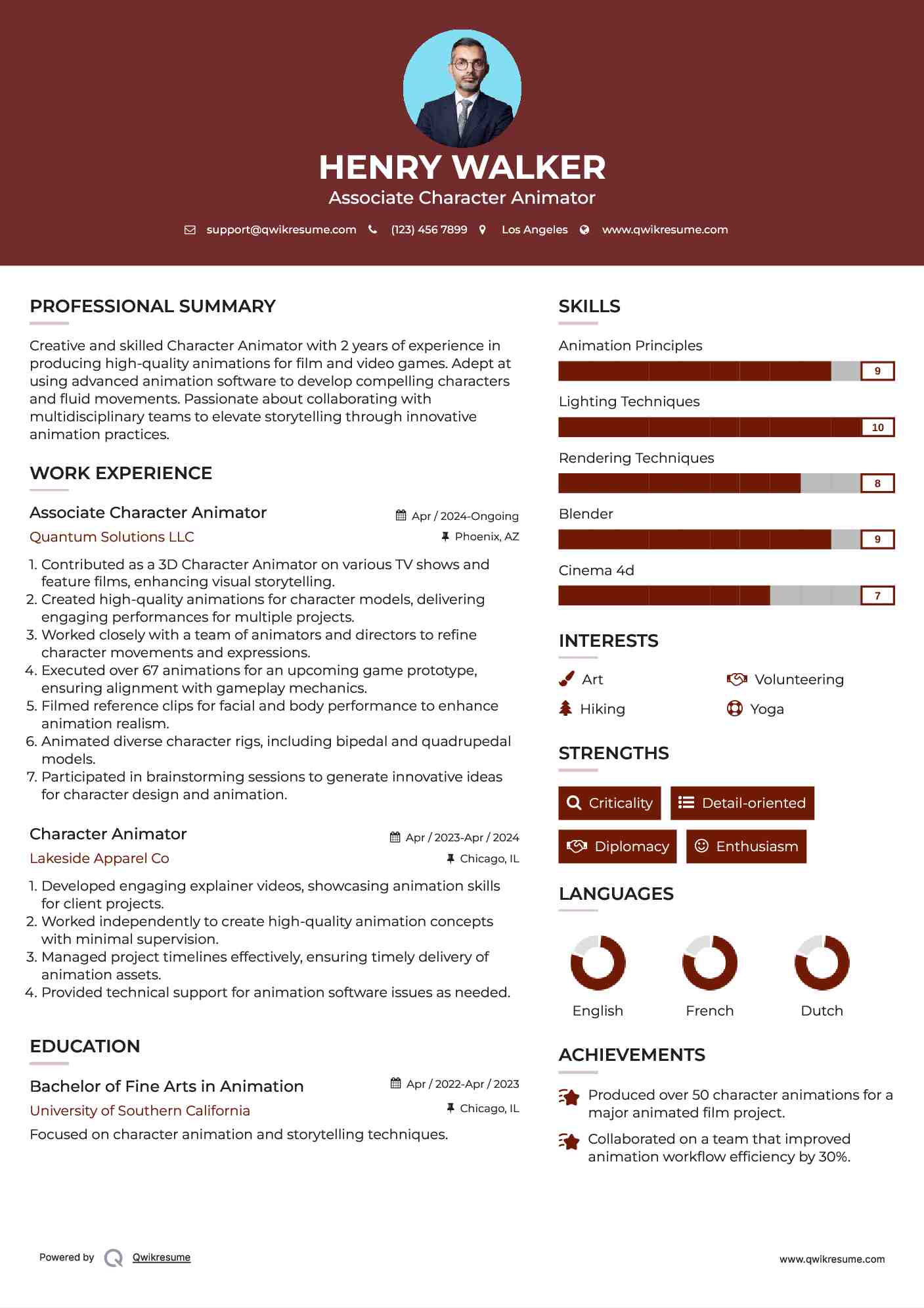 Associate Character Animator Resume Model