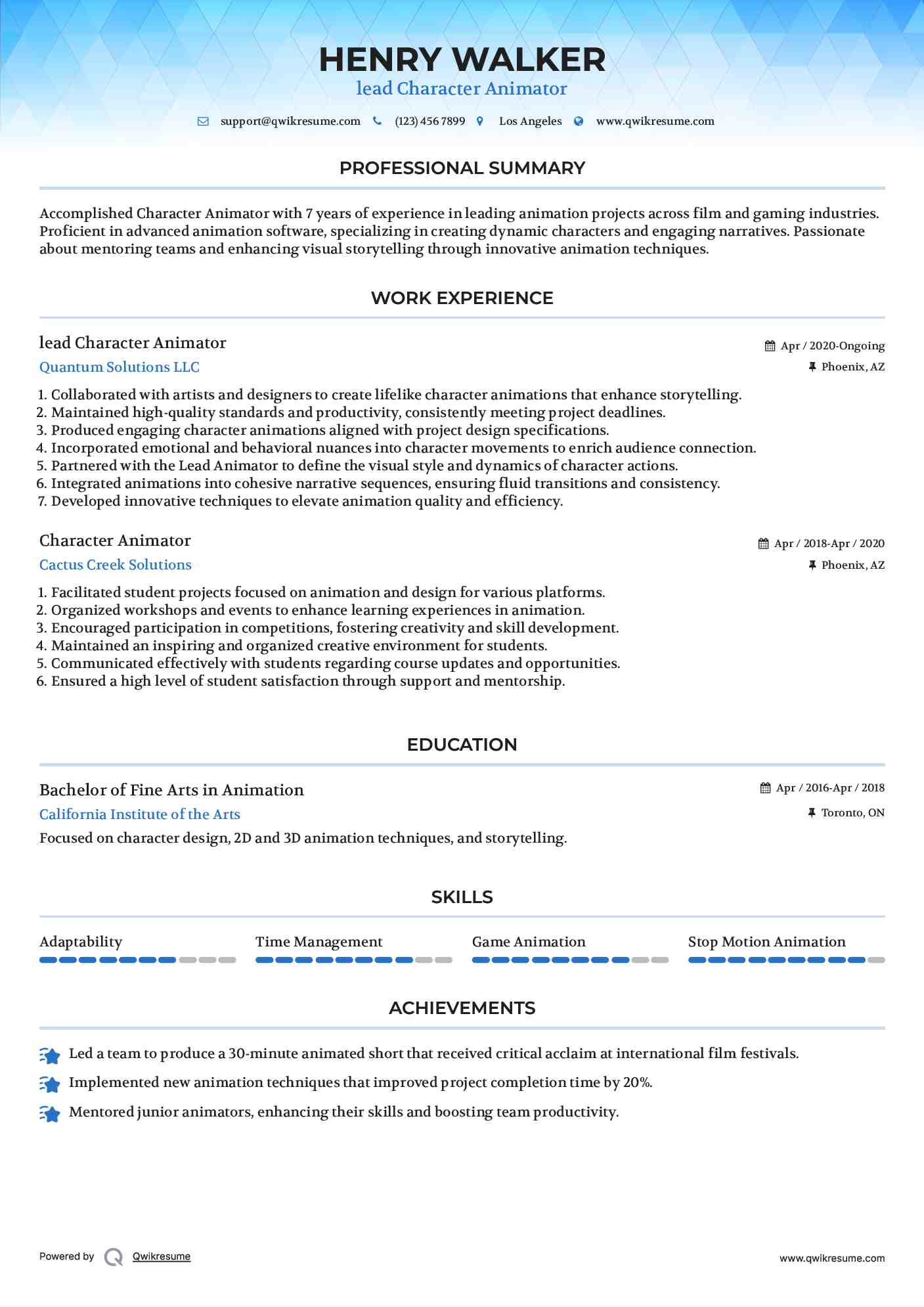 lead Character Animator Resume Model