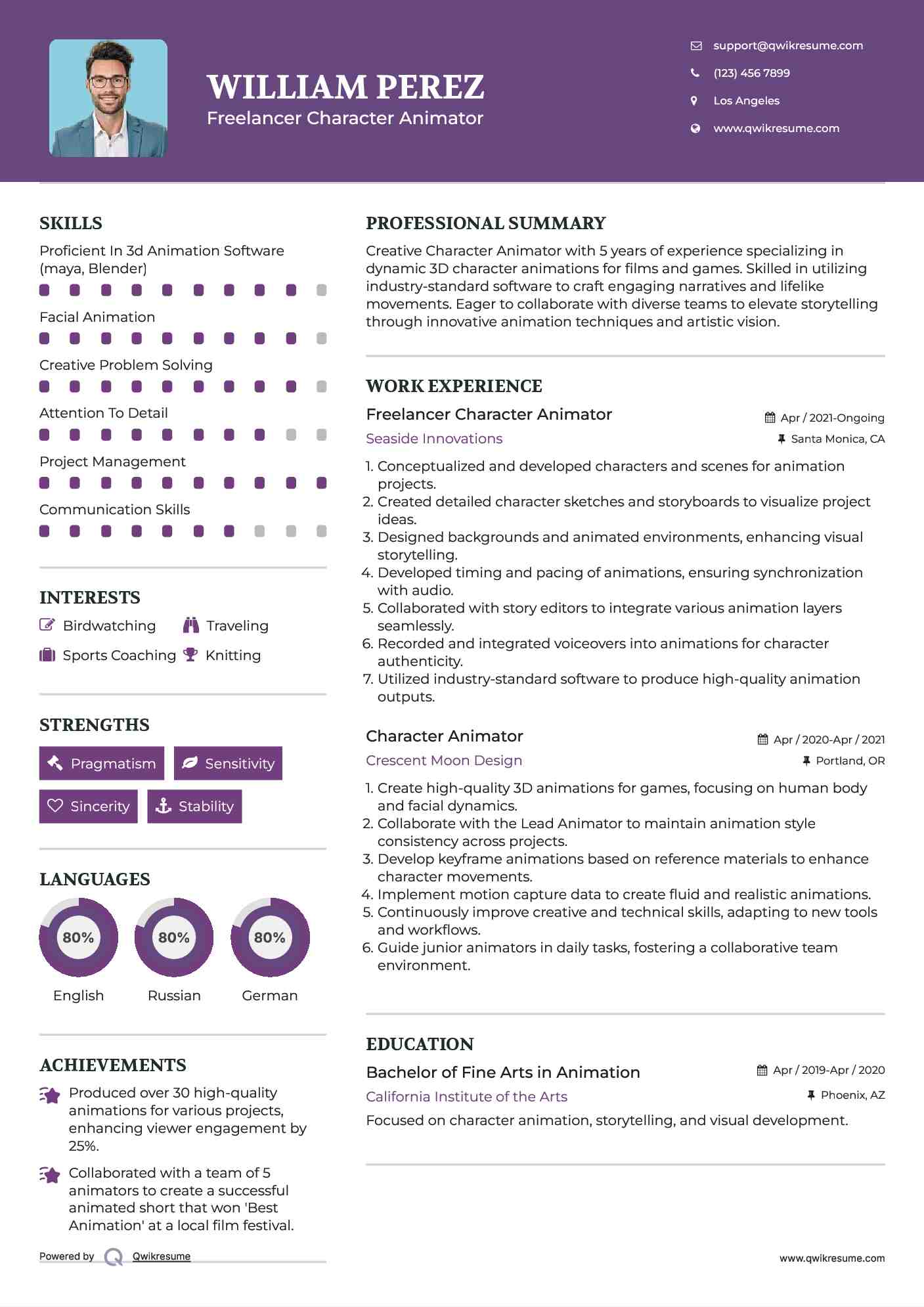 Freelancer Character Animator Resume Example