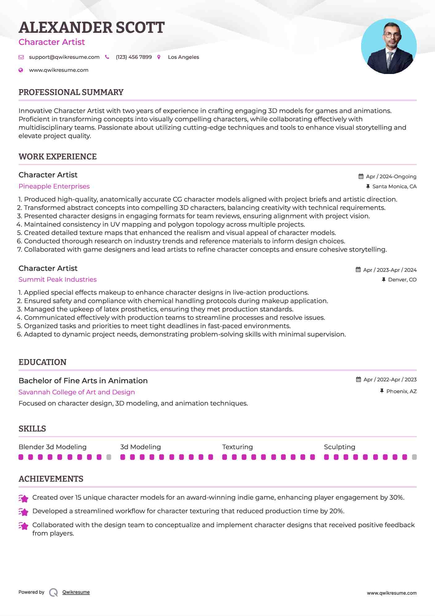 Character Artist Resume Example