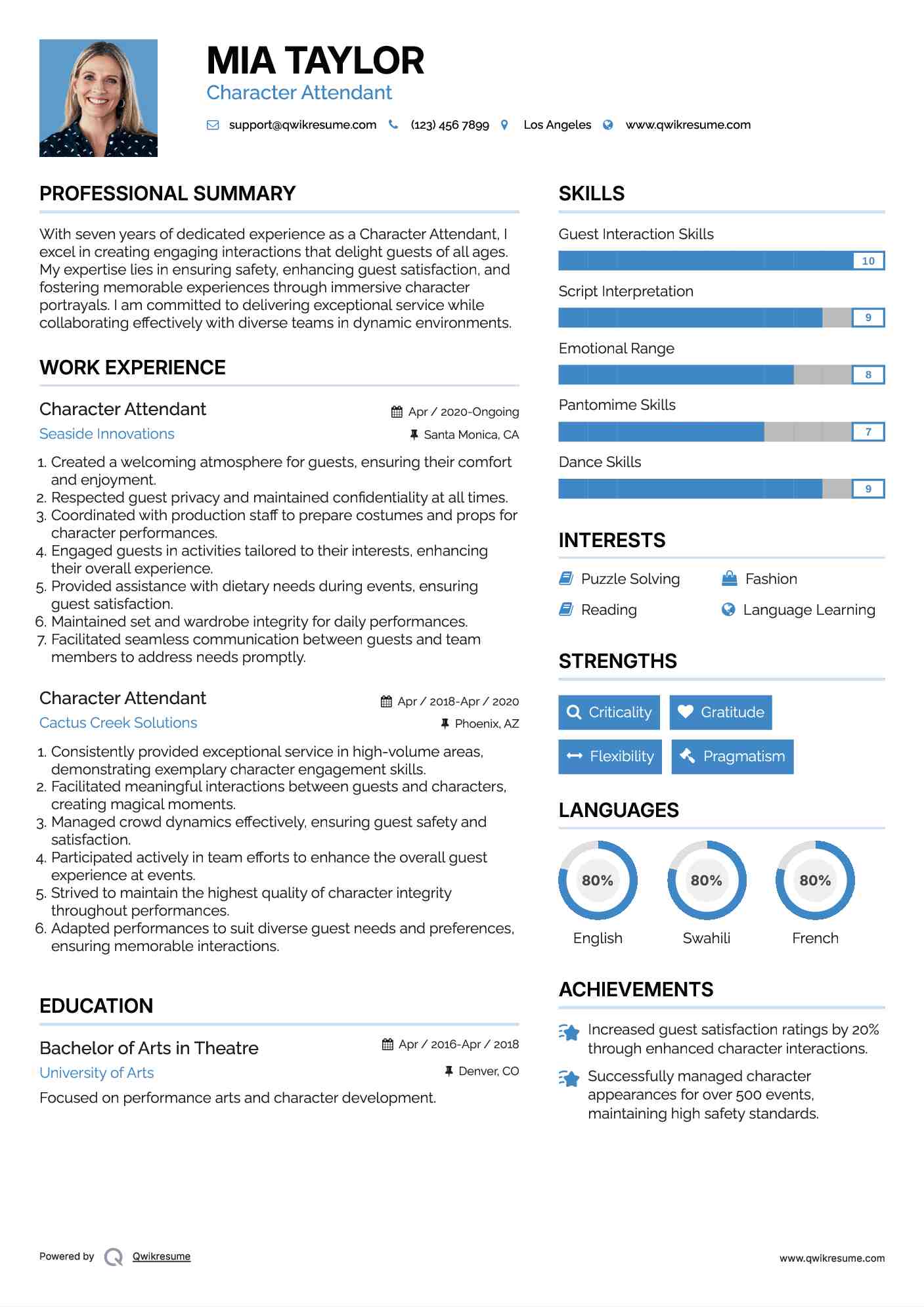 Character Attendant Resume Sample