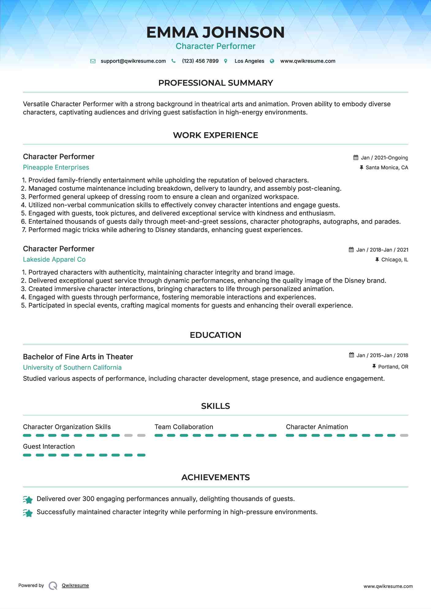 Character Performer Resume Model