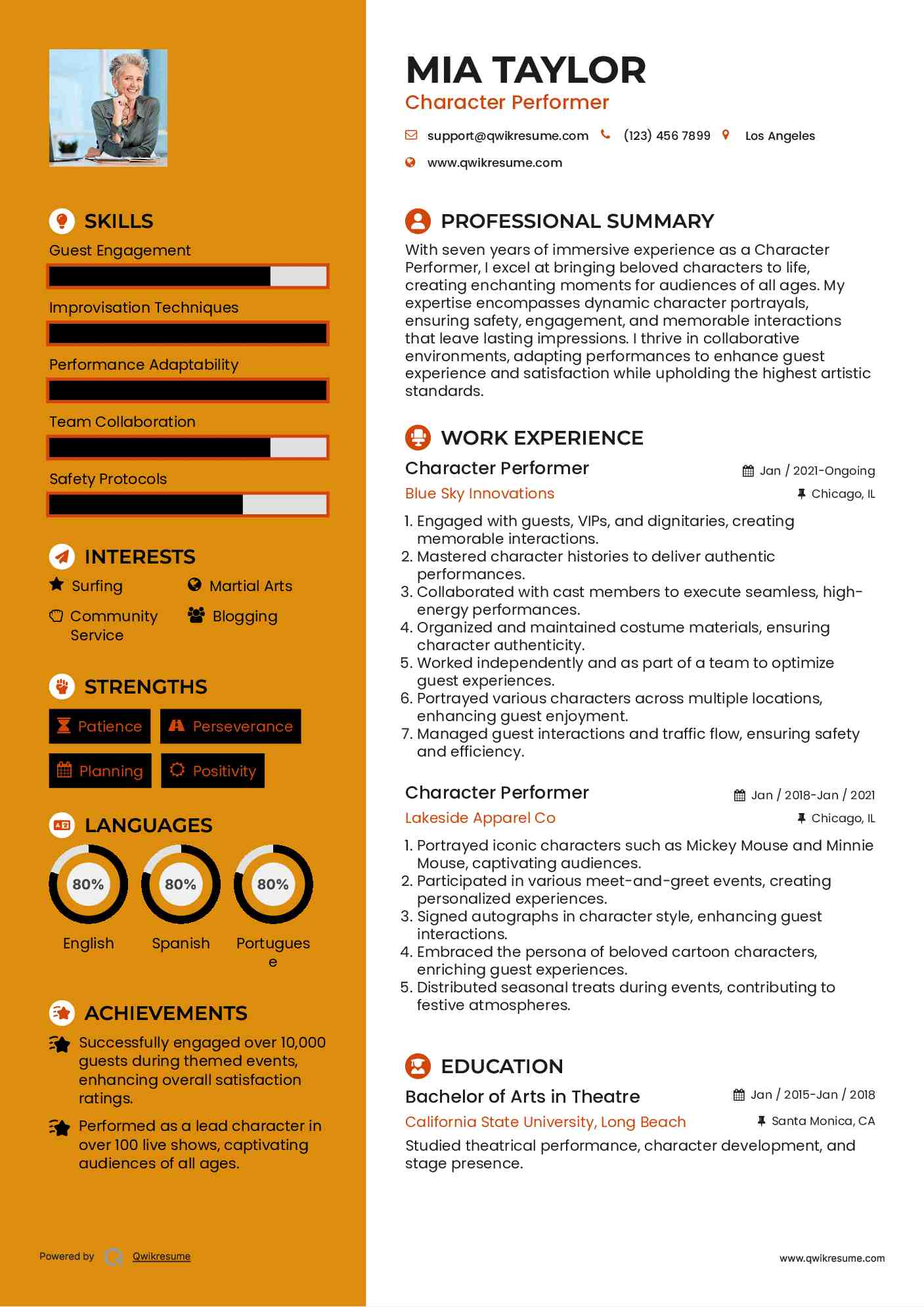 Character Performer Resume Sample