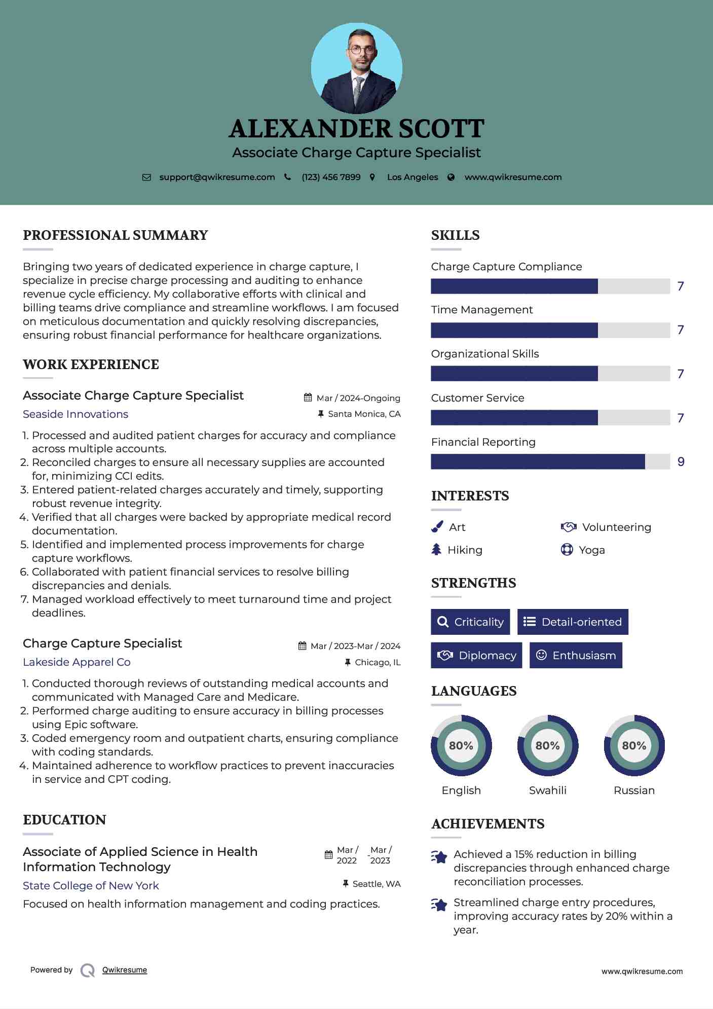 Associate Charge Capture Specialist Resume Sample