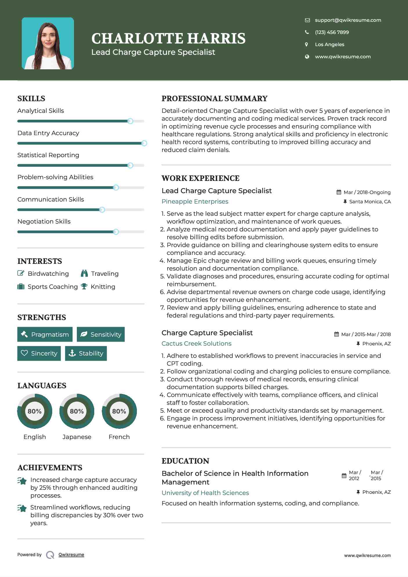 Lead Charge Capture Specialist  Resume Template